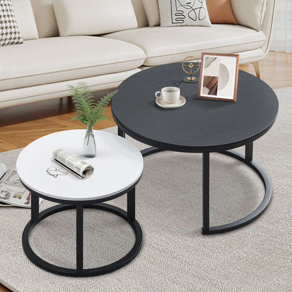 J.M.Deco Nesting Tables for Small Spaces 27.5" Round Industrial Farmhouse Set of 2 Coffee Table  Space-Saving Living Room  Bedside  Apartment Furniture black and white main