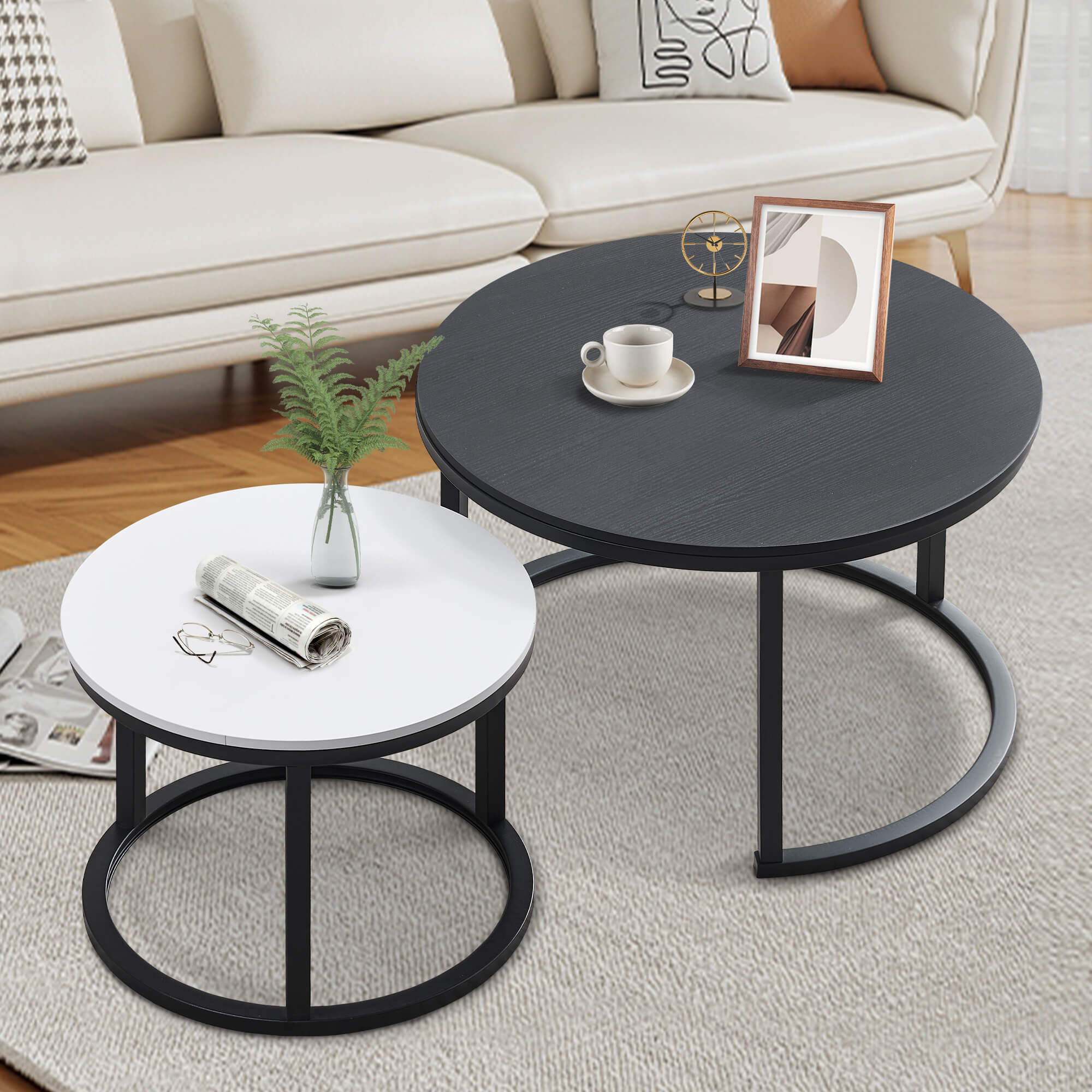 J.M.Deco Round Nesting Coffee Table Set of 2   27.5"  Industrial Farmhouse Space-Saving main