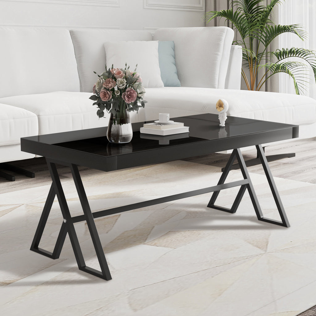 J.M.Deco 46" Living Room Coffee Table  Tempered Glass Tea Table Cocktail Desk Metal Triangular Leg Coffee Table  Black Glass Tabletop Anti Scratch Polished Surface  Luxury Black Coffee Table for Home  in use2