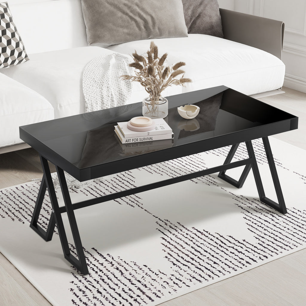 J.M.Deco 46" Living Room Coffee Table  Tempered Glass Tea Table Cocktail Desk Metal Triangular Leg Coffee Table  Black Glass Tabletop Anti Scratch Polished Surface  Luxury Black Coffee Table for Home main