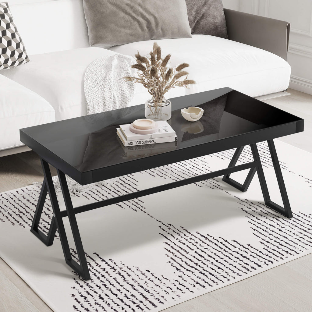 J.M.Deco 47" Tempered Glass Coffee Table   Black Triangular Metal Legs main