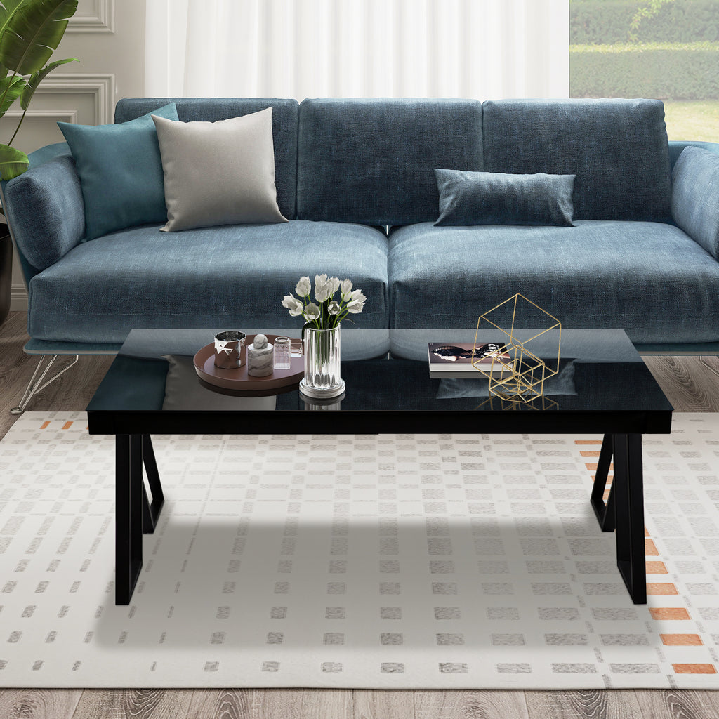J.M.Deco 46" Living Room Coffee Table  Tempered Glass Tea Table Cocktail Desk Metal Triangular Leg Coffee Table  Black Glass Tabletop Anti Scratch Polished Surface  Luxury Black Coffee Table for Home in use3