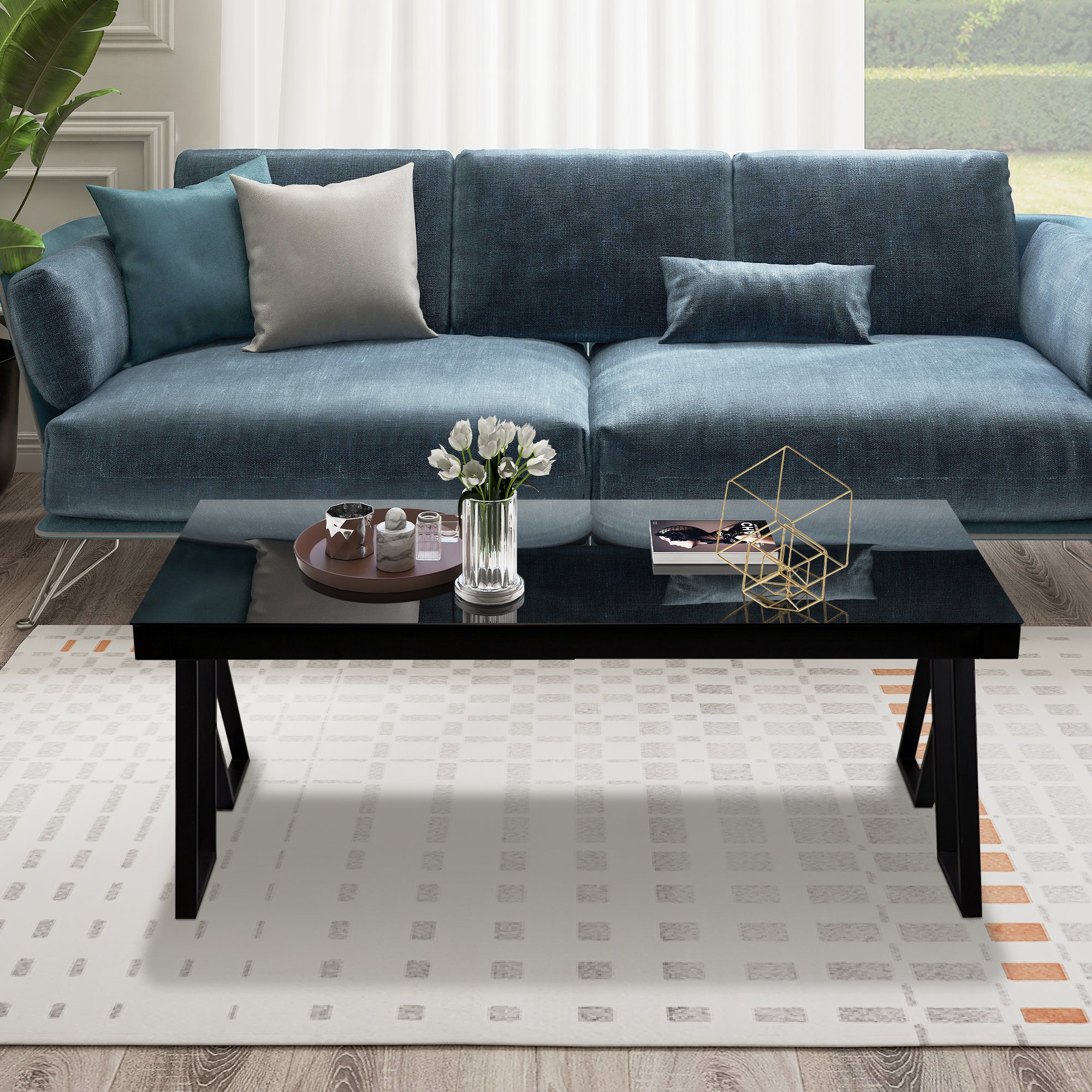 J.M.Deco 46" Living Room Coffee Table  Tempered Glass Tea Table Cocktail Desk Metal Triangular Leg Coffee Table  Black Glass Tabletop Anti Scratch Polished Surface  Luxury Black Coffee Table for Home in use3