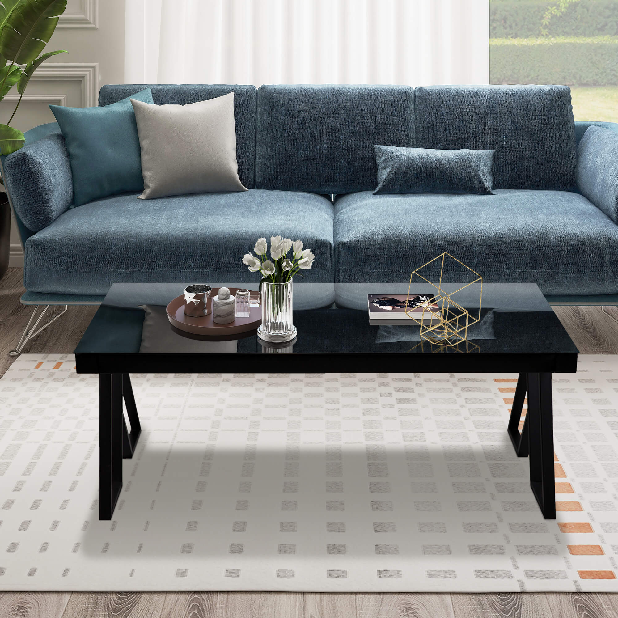 J.M.Deco 47" Tempered Glass Coffee Table   Black Triangular Metal Legs front
