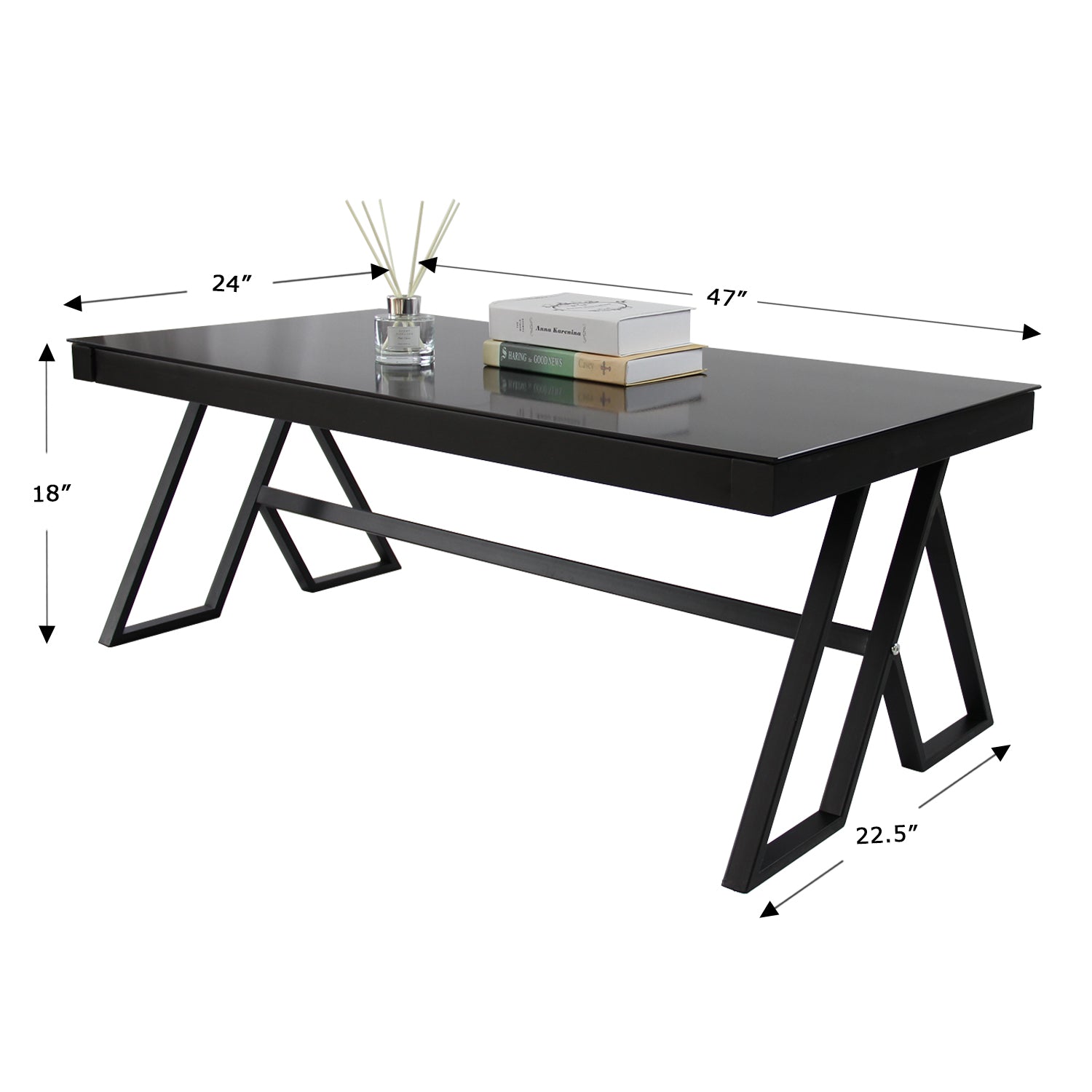 J.M.Deco 46" Living Room Coffee Table  Tempered Glass Tea Table Cocktail Desk Metal Triangular Leg Coffee Table  Black Glass Tabletop Anti Scratch Polished Surface  Luxury Black Coffee Table for Home size