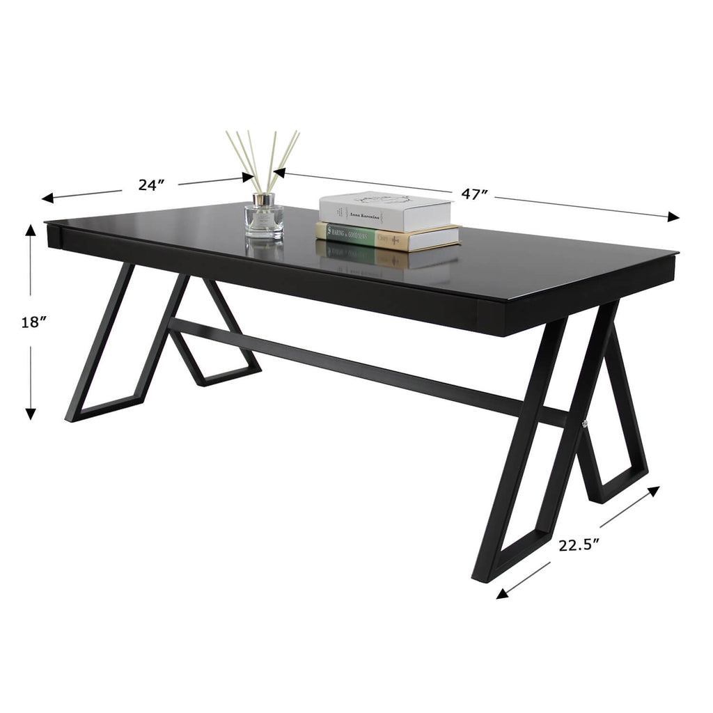 J.M.Deco 47" Tempered Glass Coffee Table   Black Triangular Metal Legs size