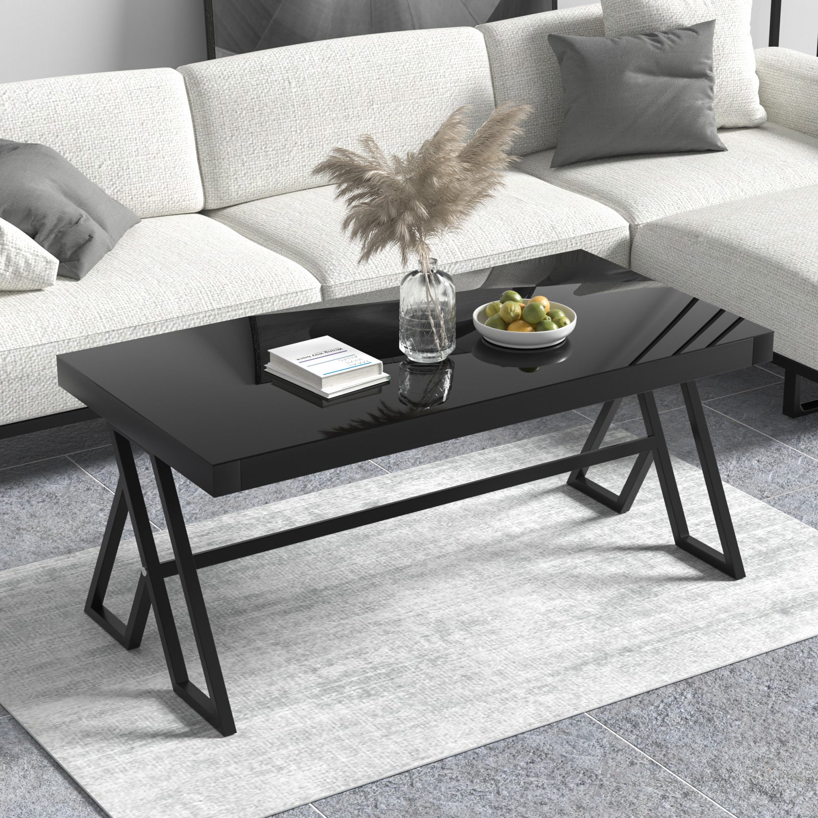 J.M.Deco 46" Living Room Coffee Table  Tempered Glass Tea Table Cocktail Desk Metal Triangular Leg Coffee Table  Black Glass Tabletop Anti Scratch Polished Surface  Luxury Black Coffee Table for Home in use