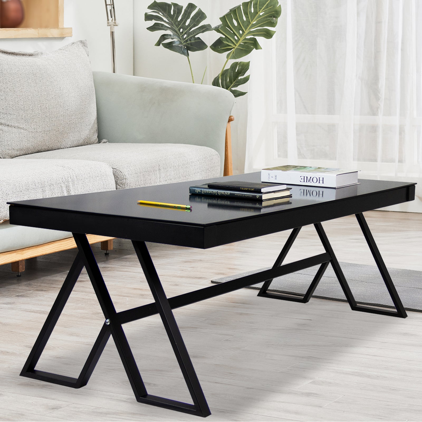 J.M.Deco 46" Living Room Coffee Table  Tempered Glass Tea Table Cocktail Desk Metal Triangular Leg Coffee Table  Black Glass Tabletop Anti Scratch Polished Surface  Luxury Black Coffee Table for Home side