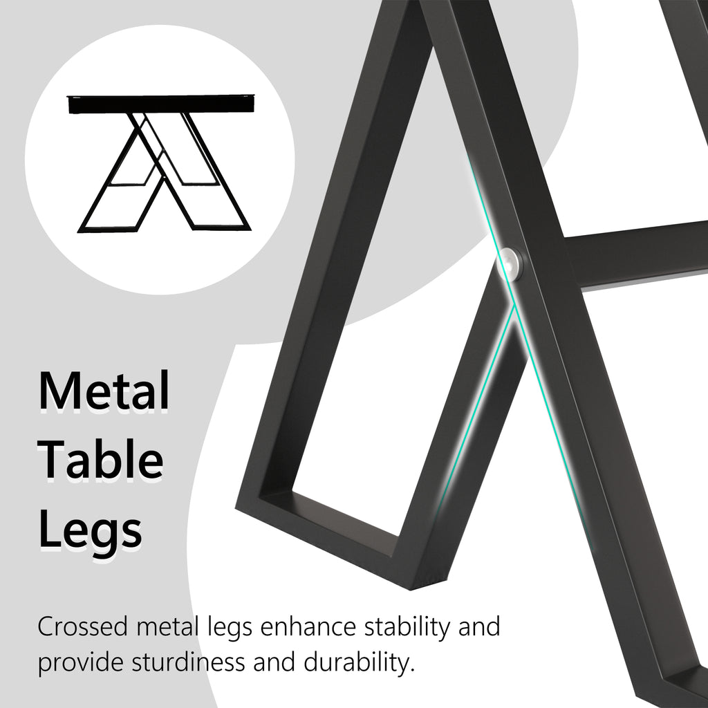 J.M.Deco 46" Living Room Coffee Table  Tempered Glass Tea Table Cocktail Desk Metal Triangular Leg Coffee Table  Black Glass Tabletop Anti Scratch Polished Surface  Luxury Black Coffee Table for Home metal table legs