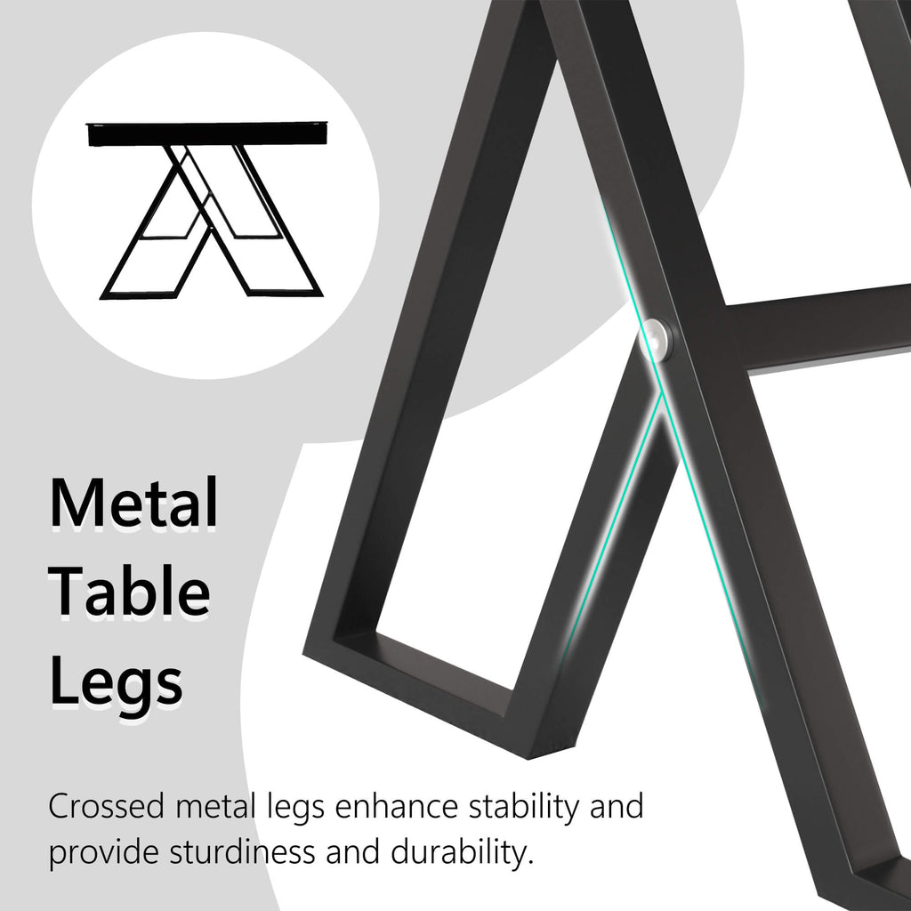 J.M.Deco 47" Tempered Glass Coffee Table   Black Triangular Metal Legs detail