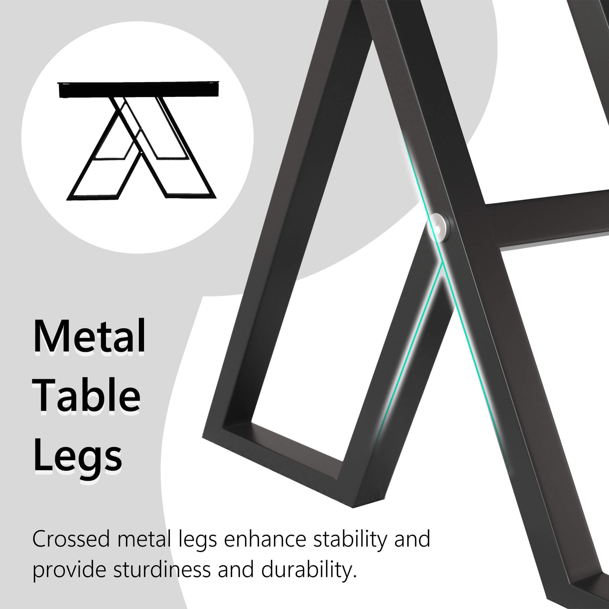 J.M.Deco 47" Tempered Glass Coffee Table   Black Triangular Metal Legs detail