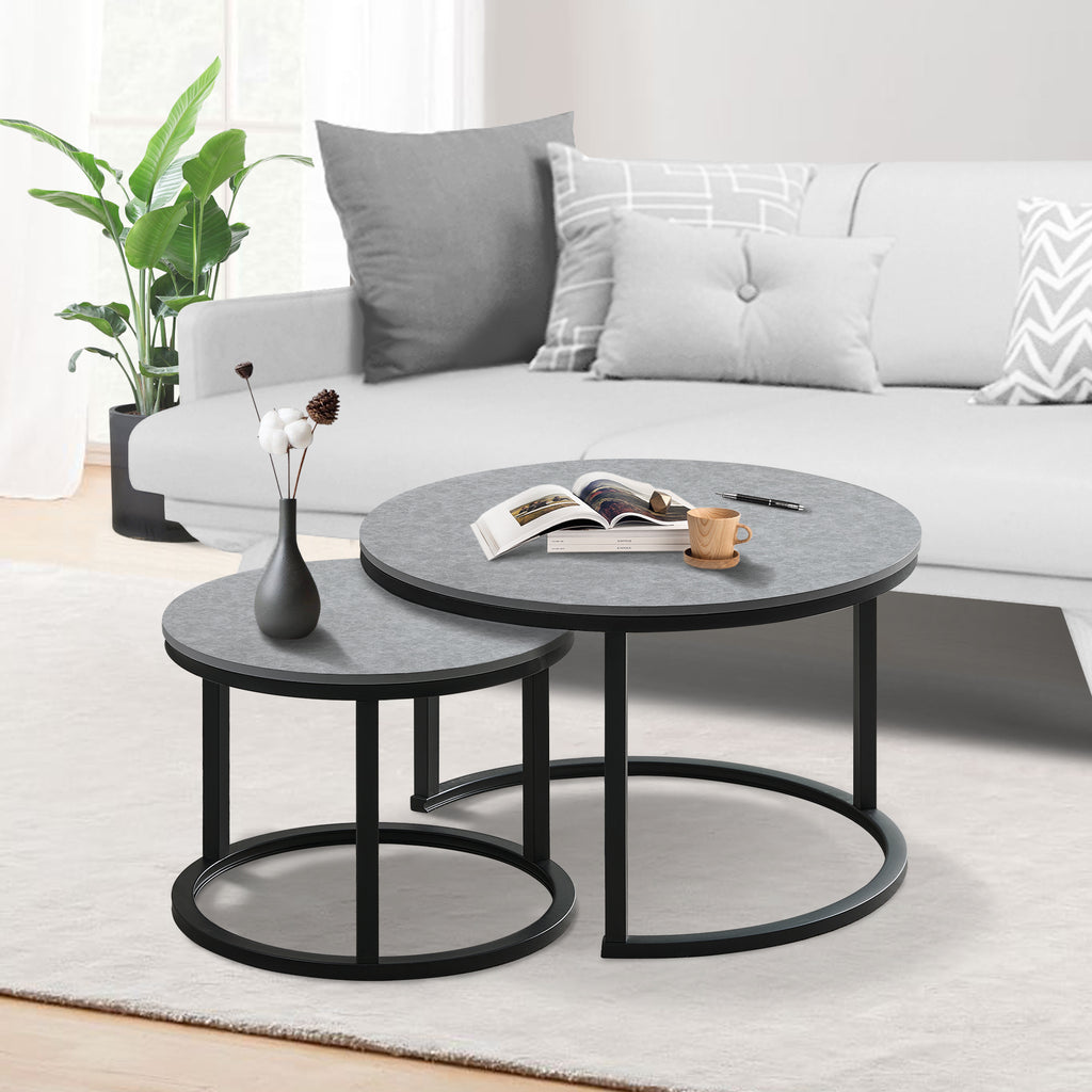 J.M.Deco Nesting Tables for Small Spaces 27.5" Round Industrial Farmhouse Set of 2 Coffee Table  Space-Saving Living Room  Bedside  Apartment Furniture grey stacking