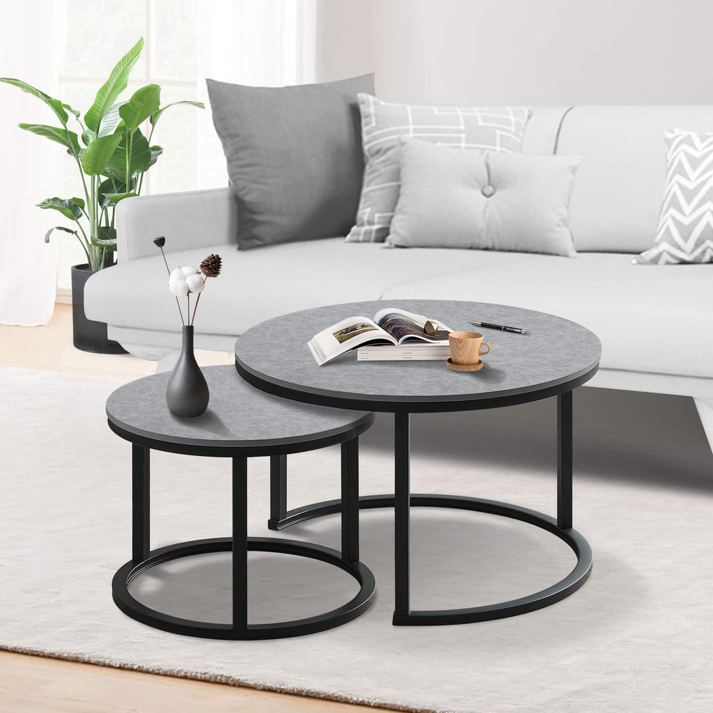J.M.Deco Round Nesting Coffee Table Set of 2   27.5"  Industrial Farmhouse Space-Saving grey stacking