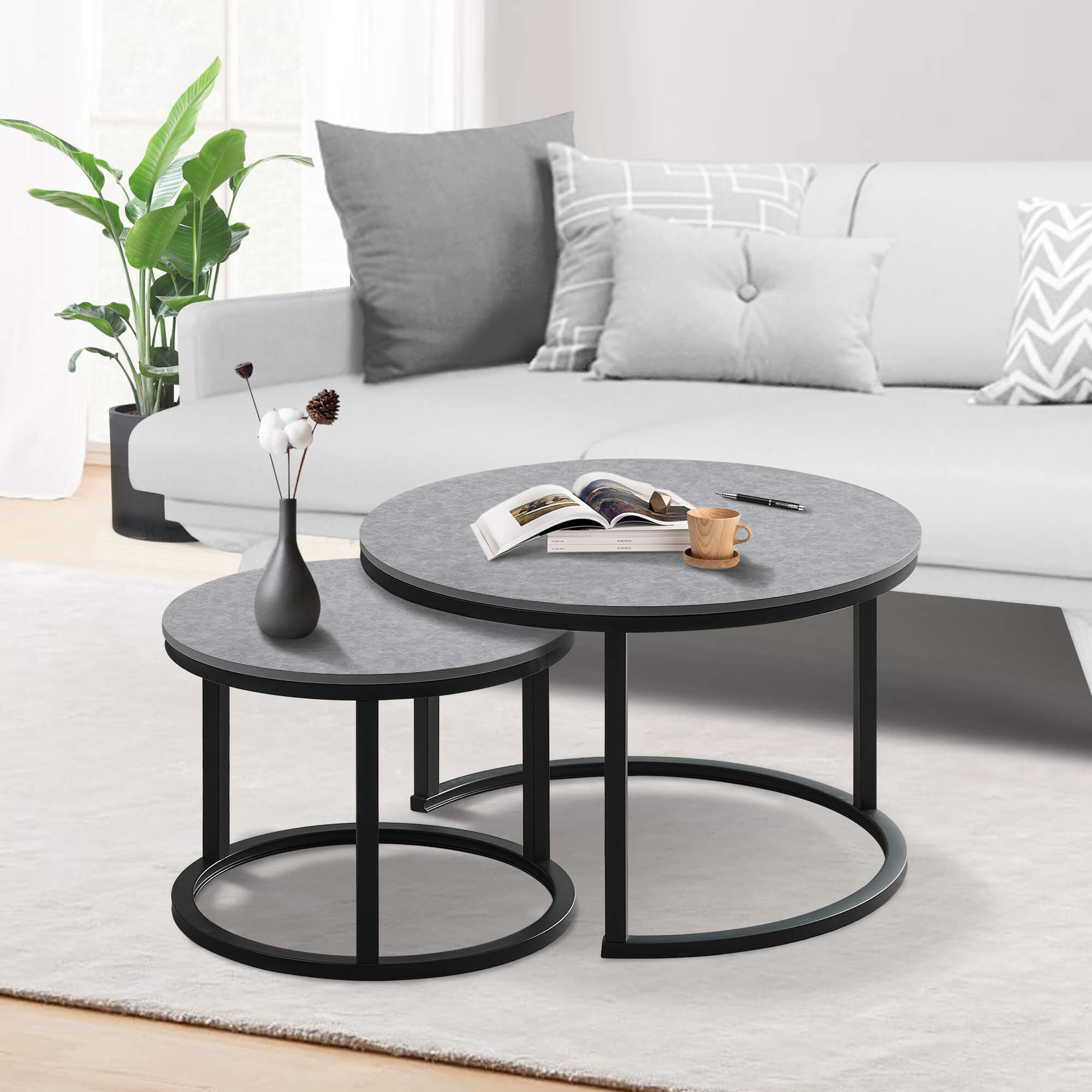 J.M.Deco Round Nesting Coffee Table Set of 2   27.5"  Industrial Farmhouse Space-Saving grey stacking