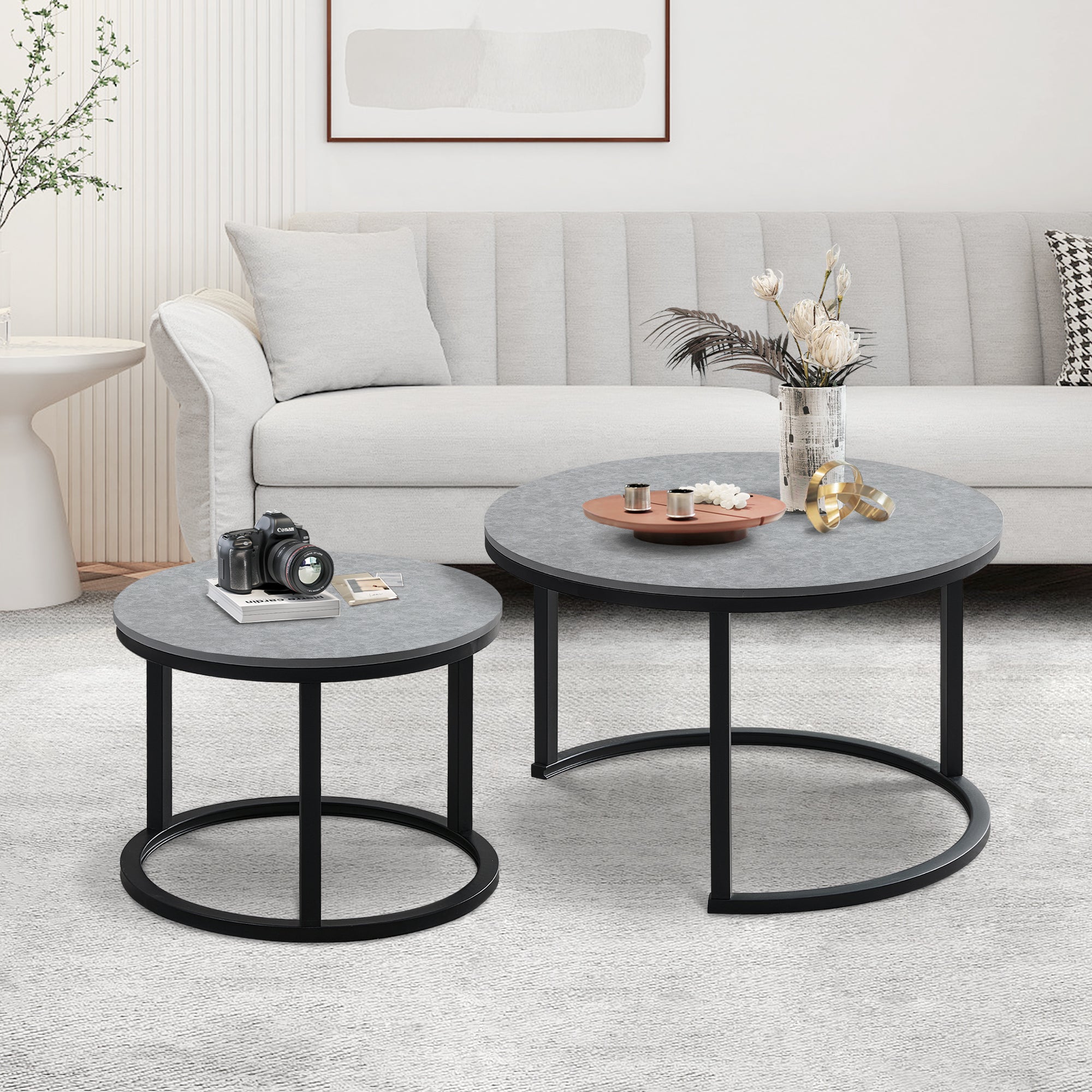 J.M.Deco Nesting Tables for Small Spaces 27.5" Round Industrial Farmhouse Set of 2 Coffee Table  Space-Saving Living Room  Bedside  Apartment Furniture grey in use