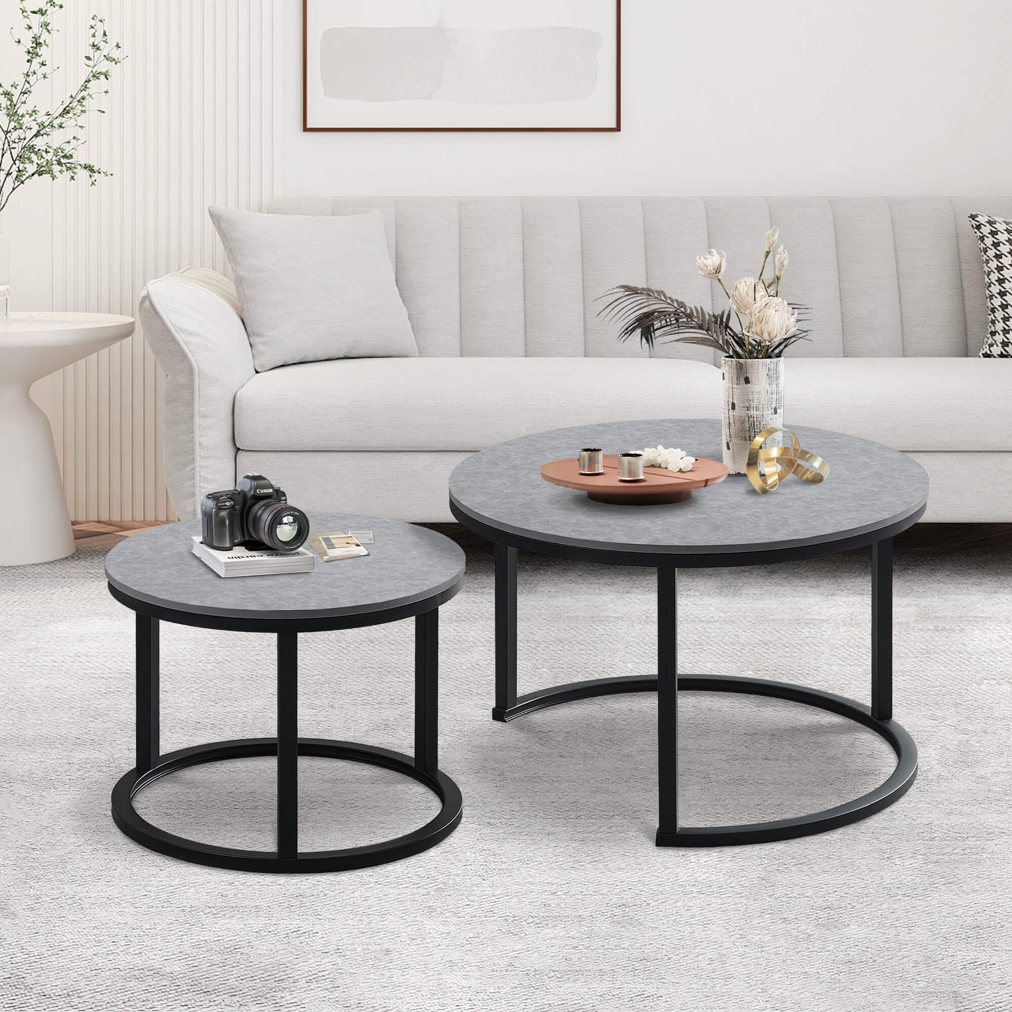 J.M.Deco Round Nesting Coffee Table Set of 2   27.5"  Industrial Farmhouse Space-Saving gray individually placed