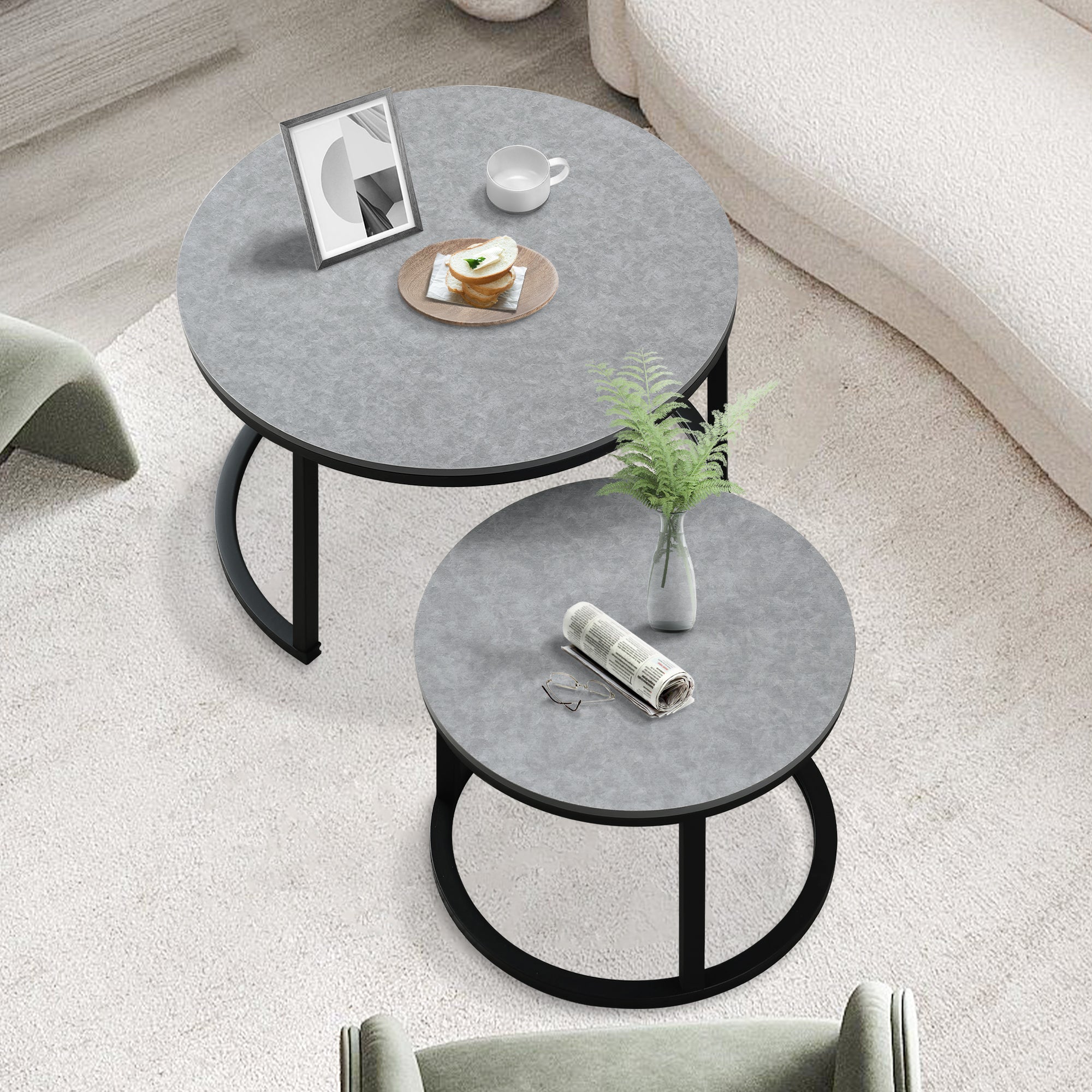 J.M.Deco Nesting Tables for Small Spaces 27.5" Round Industrial Farmhouse Set of 2 Coffee Table  Space-Saving Living Room  Bedside  Apartment Furniture grey individually placed