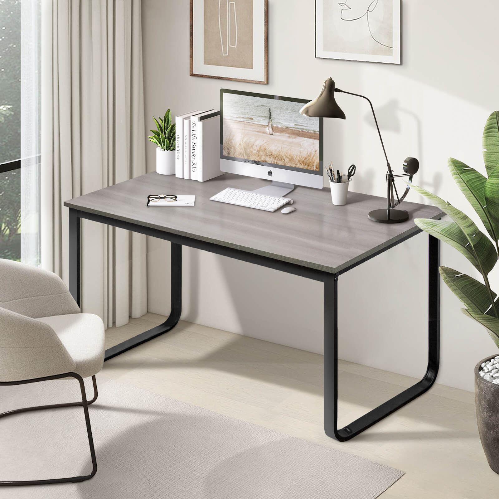 J.M.Deco 55" Computer Desk  Industrial Metal Frame  Oak Grey  Home Office side