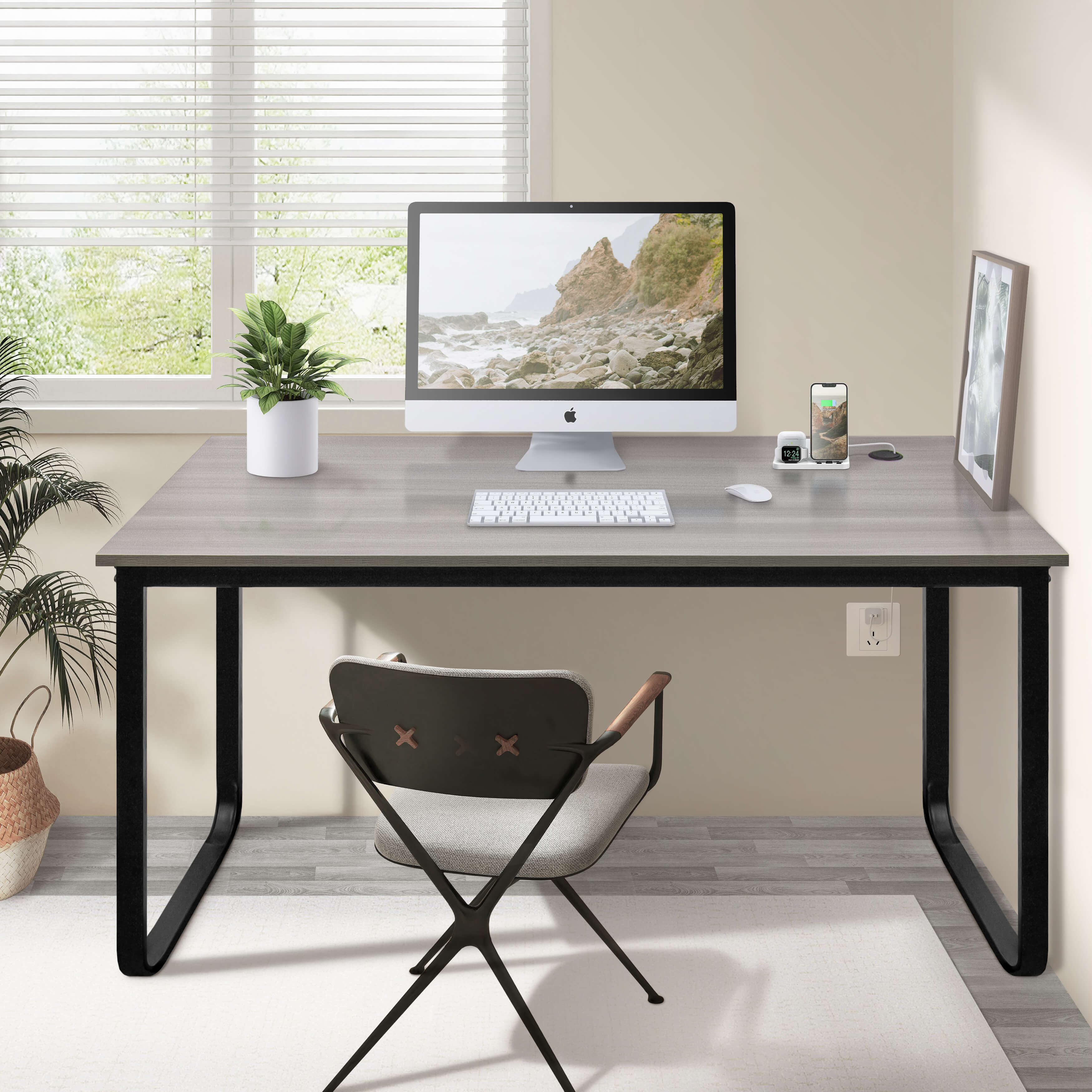 J.M.Deco 55" Computer Desk  Industrial Metal Frame  Oak Grey  Home Office front