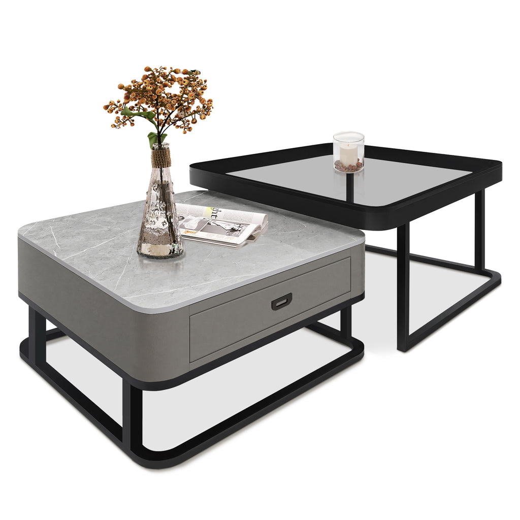J.M.Deco 27.5" Tempered Glass Nesting Coffee Table Set of 2  Modern Farmhouse Square Side Tables for Living Room stacking