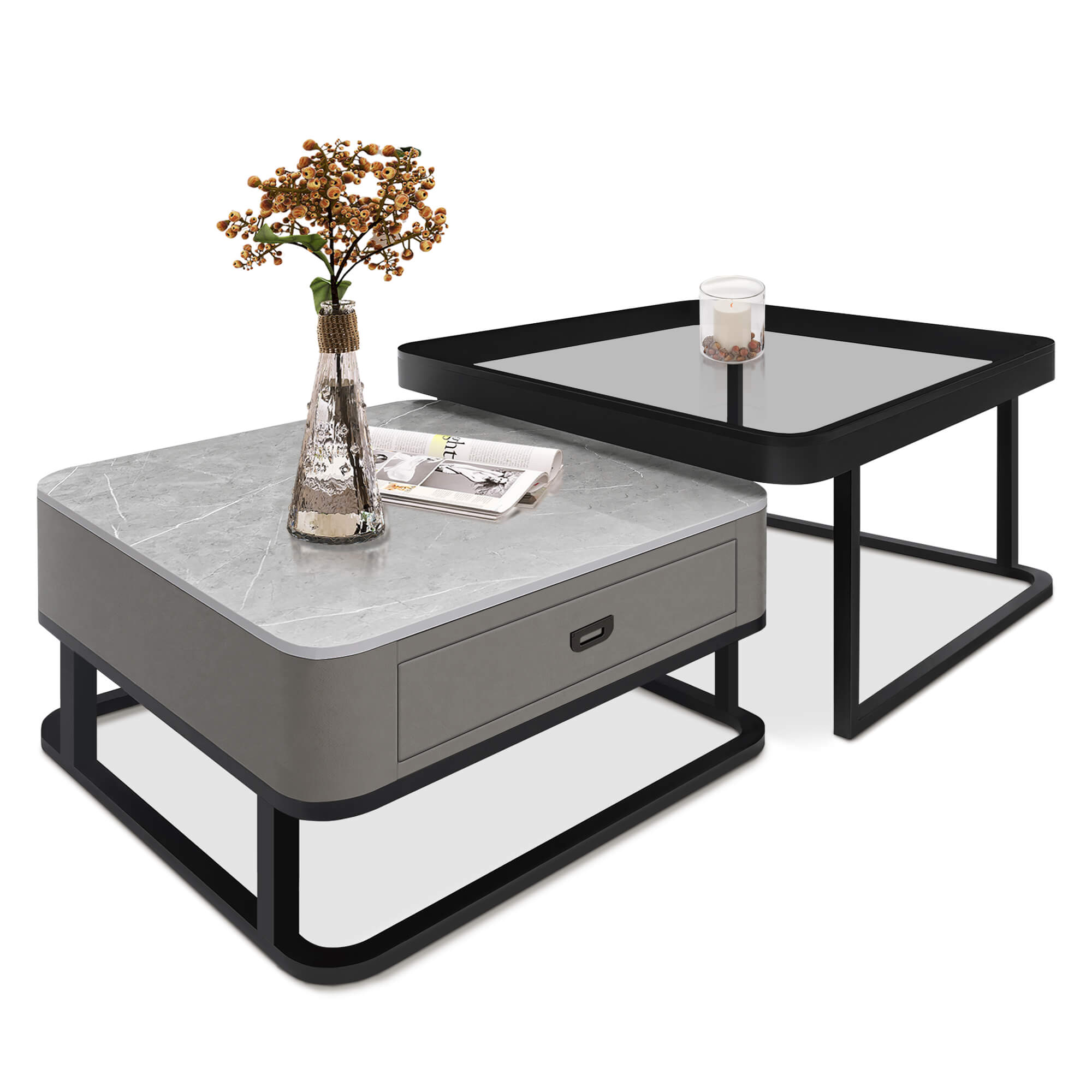 J.M.Deco Nesting Coffee Table Set of 2   27.5" Tempered Glass & Marble Top   Modern Farmhouse side