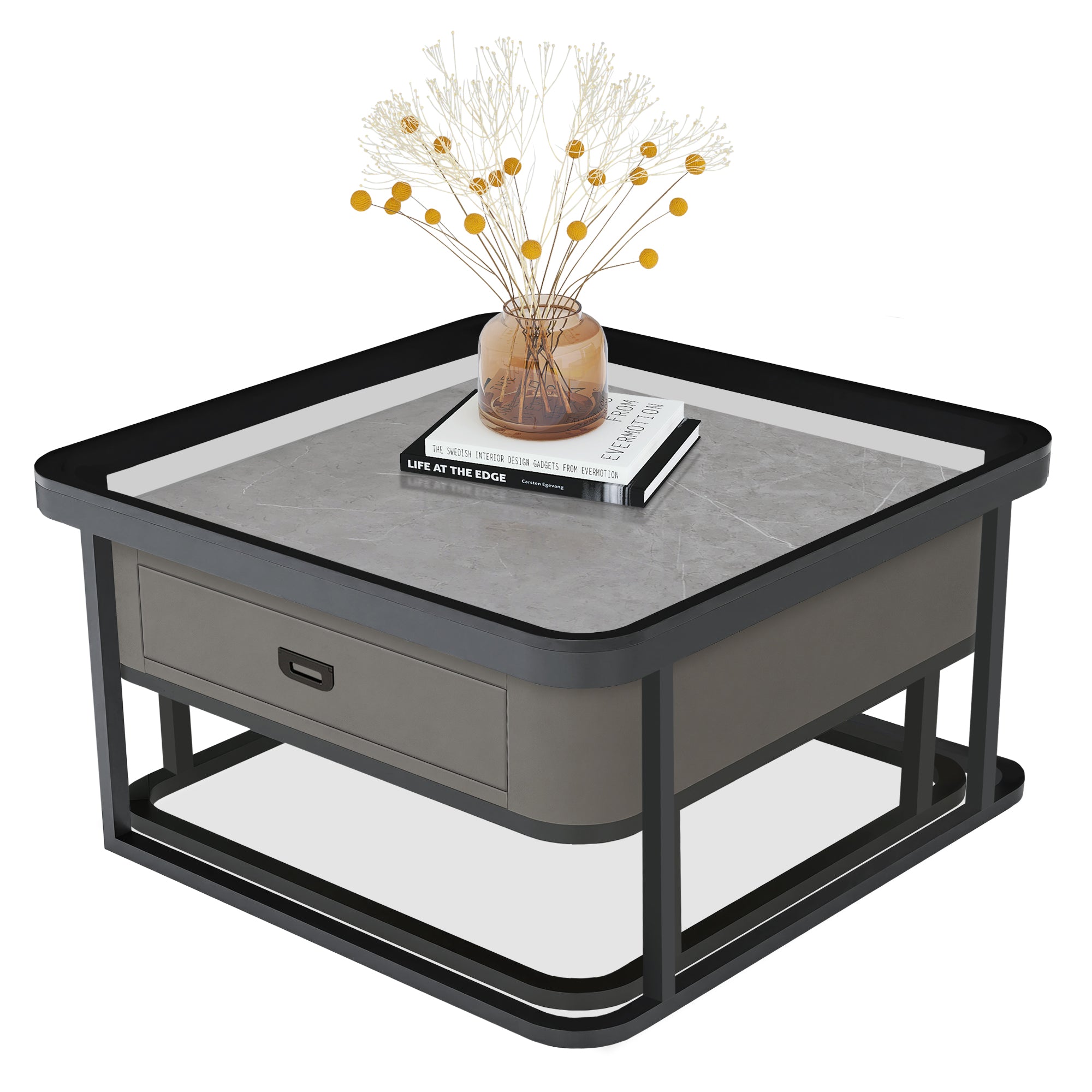 J.M.Deco 27.5" Tempered Glass Nesting Coffee Table Set of 2  Modern Farmhouse Square Side Tables for Living Room Nesting