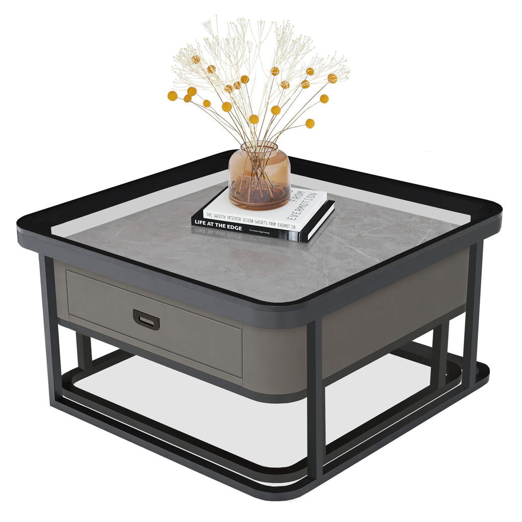 J.M.Deco Nesting Coffee Table Set of 2   27.5" Tempered Glass & Marble Top   Modern Farmhouse front