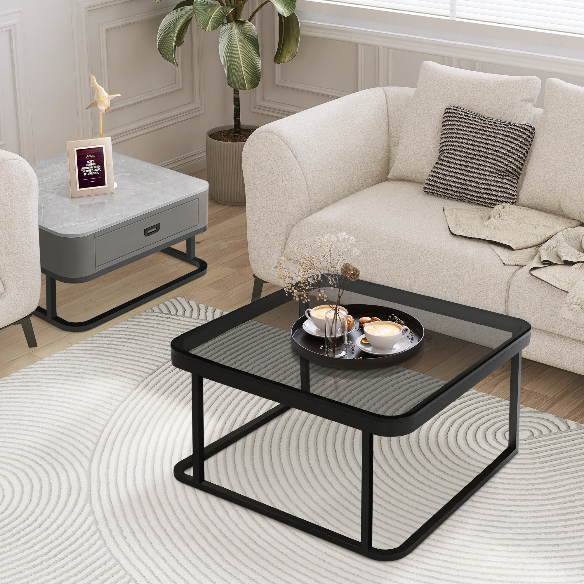J.M.Deco 27.5" Tempered Glass Nesting Coffee Table Set of 2  Modern Farmhouse Square Side Tables for Living Room individually placed