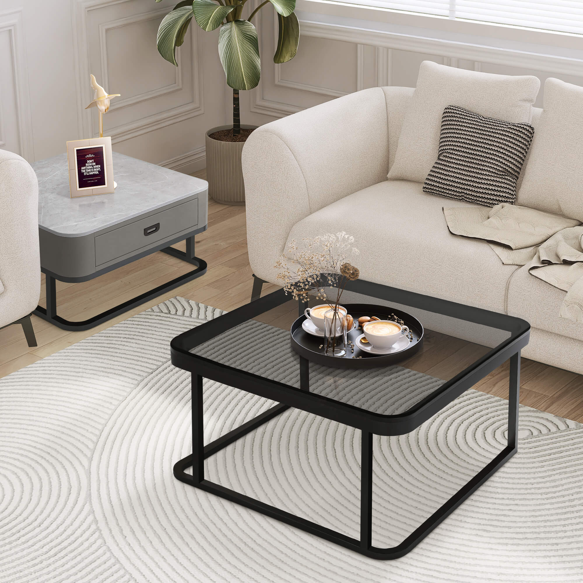 J.M.Deco Nesting Coffee Table Set of 2   27.5" Tempered Glass & Marble Top   Modern Farmhouse in the living room
