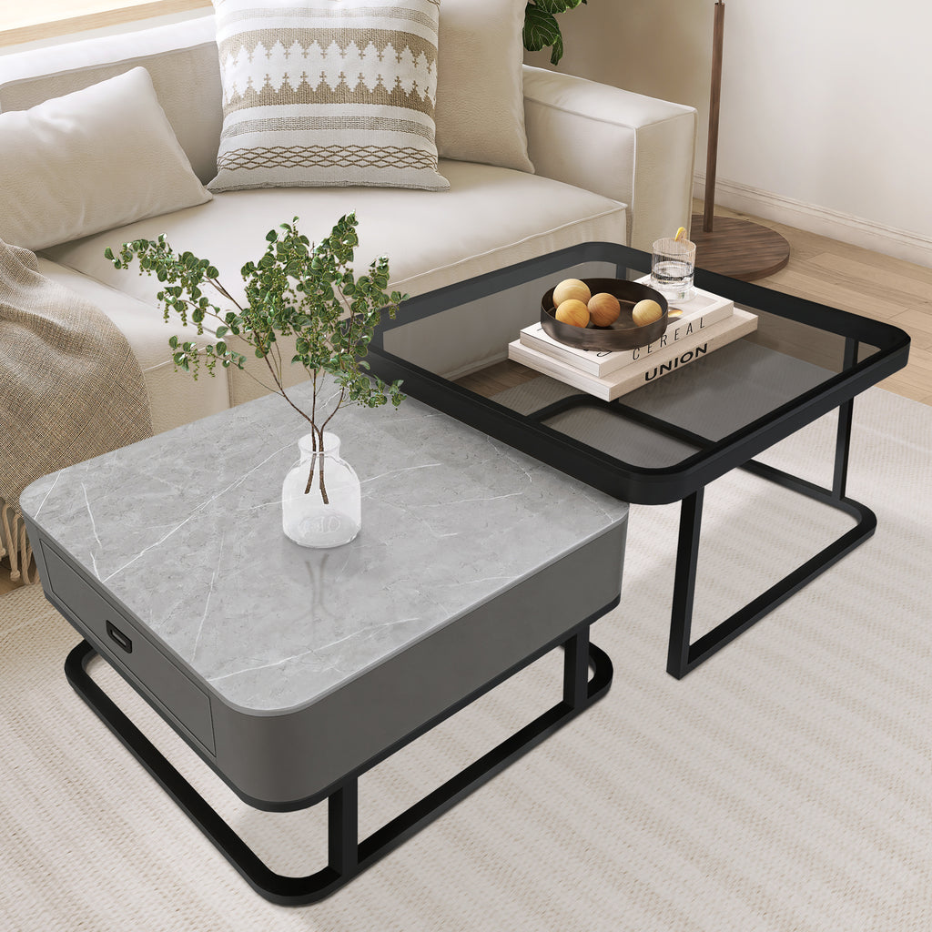 J.M.Deco 27.5" Tempered Glass Nesting Coffee Table Set of 2  Modern Farmhouse Square Side Tables for Living Room gray in use