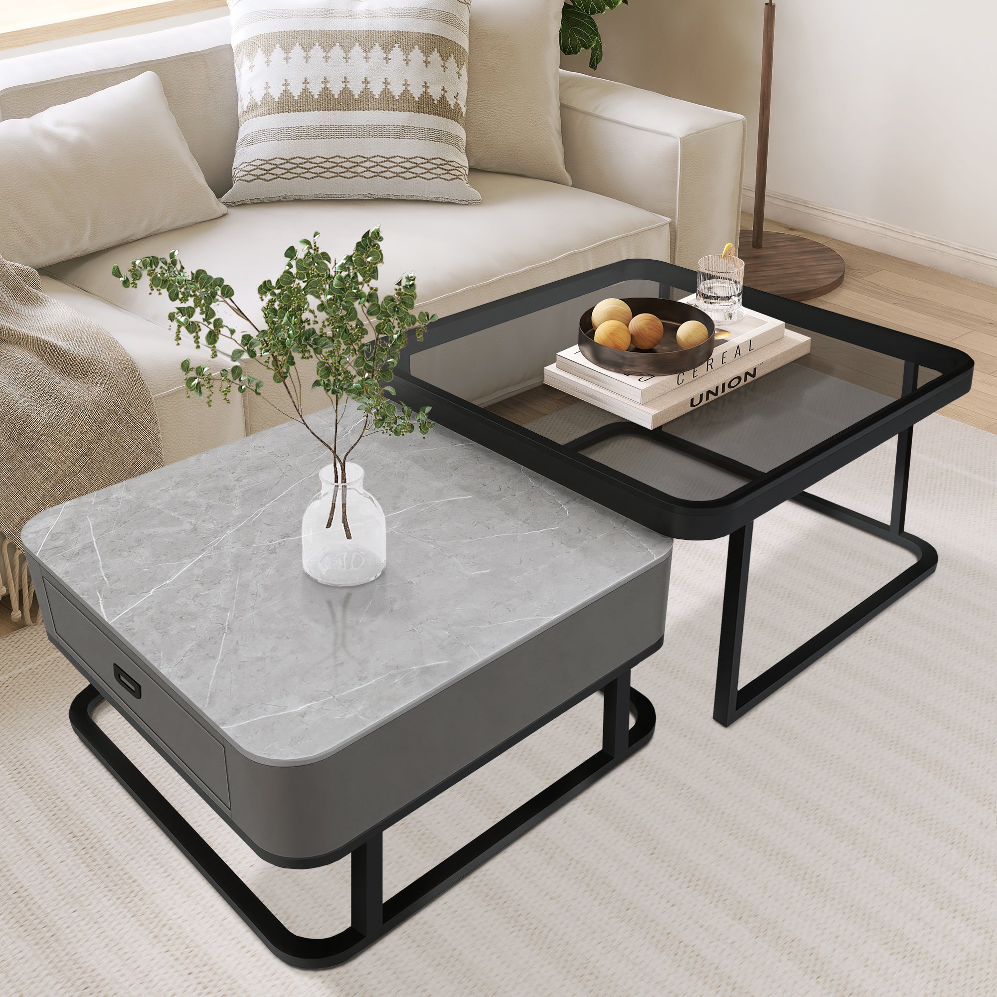 J.M.Deco 27.5" Tempered Glass Nesting Coffee Table Set of 2  Modern Farmhouse Square Side Tables for Living Room gray in use