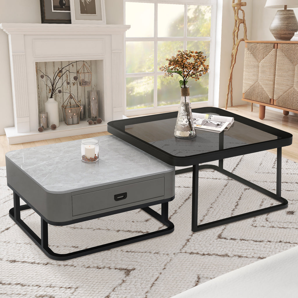 J.M.Deco 27.5" Tempered Glass Nesting Coffee Table Set of 2  Modern Farmhouse Square Side Tables for Living Room main