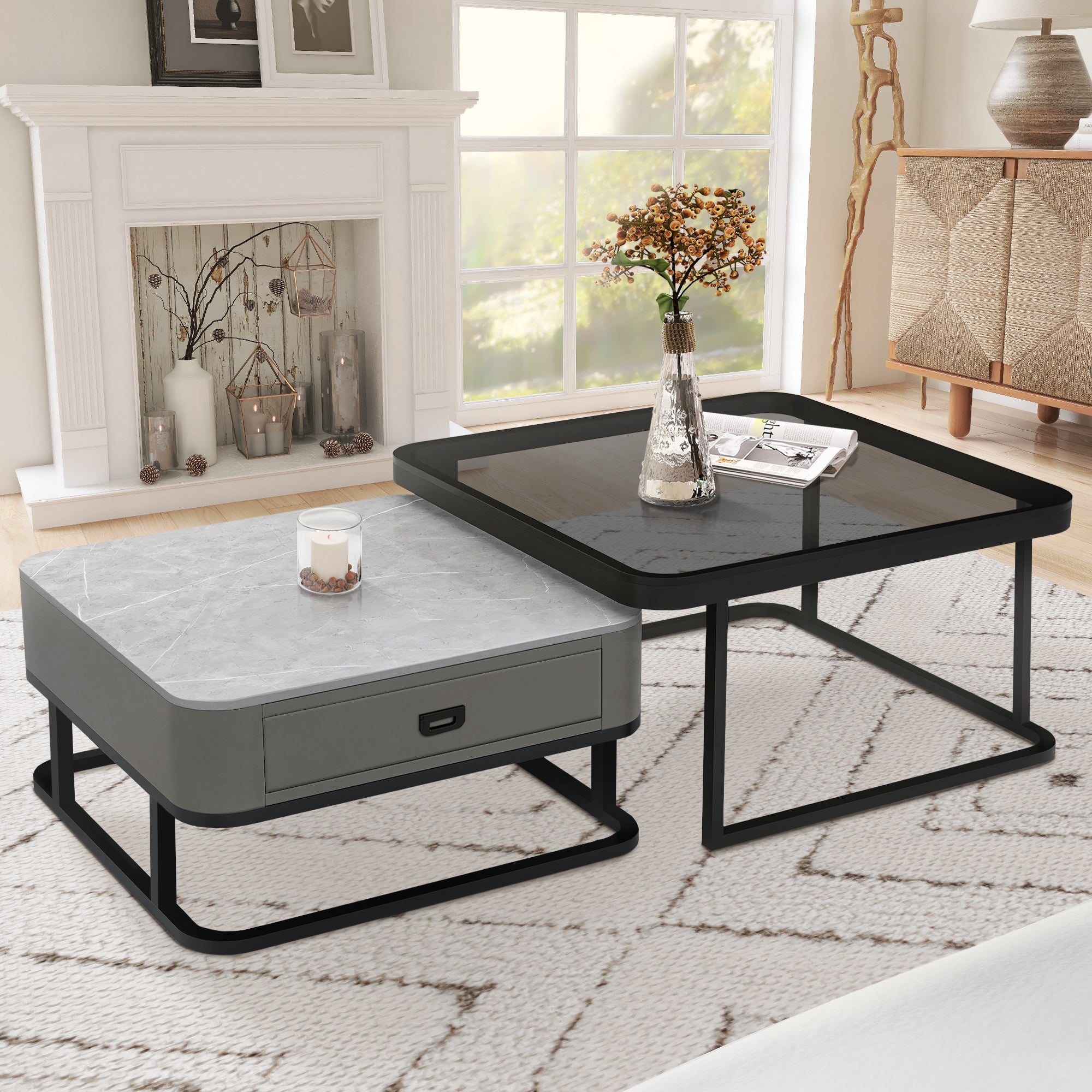 J.M.Deco 27.5" Tempered Glass Nesting Coffee Table Set of 2  Modern Farmhouse Square Side Tables for Living Room main