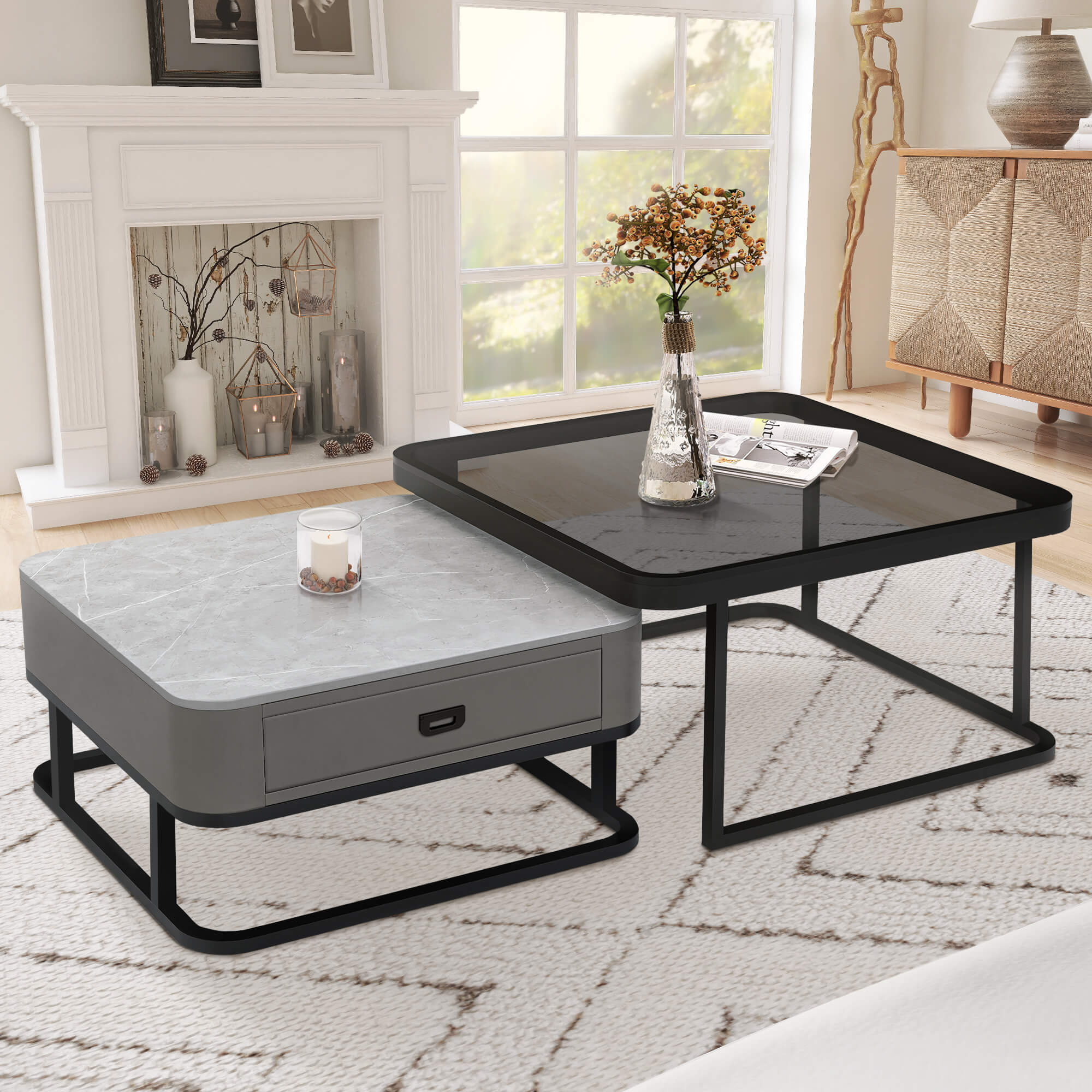 J.M.Deco Nesting Coffee Table Set of 2   27.5" Tempered Glass & Marble Top   Modern Farmhouse main