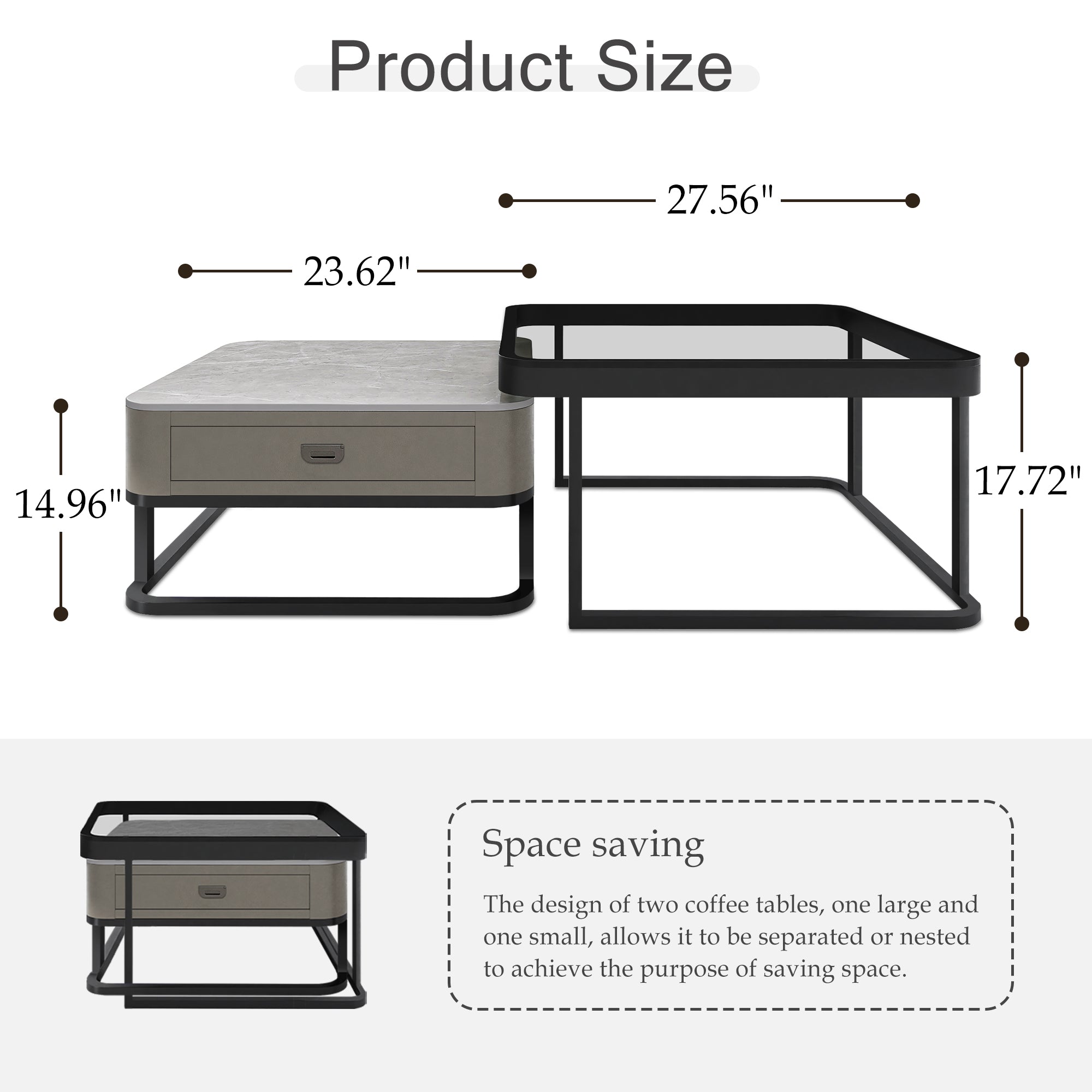 J.M.Deco 27.5" Tempered Glass Nesting Coffee Table Set of 2  Modern Farmhouse Square Side Tables for Living Room size