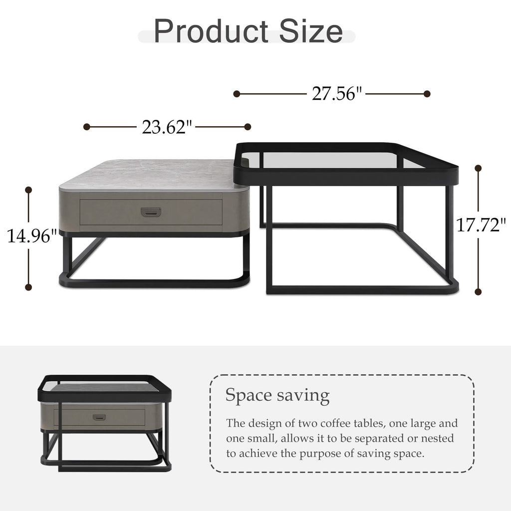 J.M.Deco Nesting Coffee Table Set of 2   27.5" Tempered Glass & Marble Top   Modern Farmhouse size