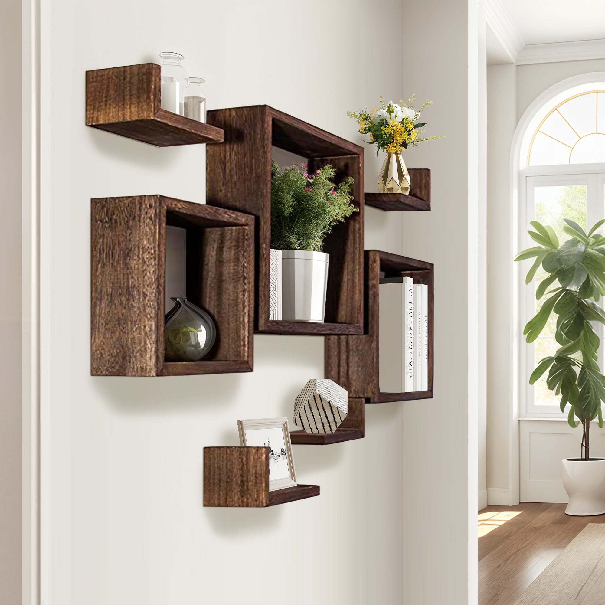 J.M.Deco Wall Mounted Floating Shelves  Set of 7 3 Square Shelves & 4 L  Shaped Shelves   Creative Grid Wall Decor for Bedroom  Living Room  Farmhouse side