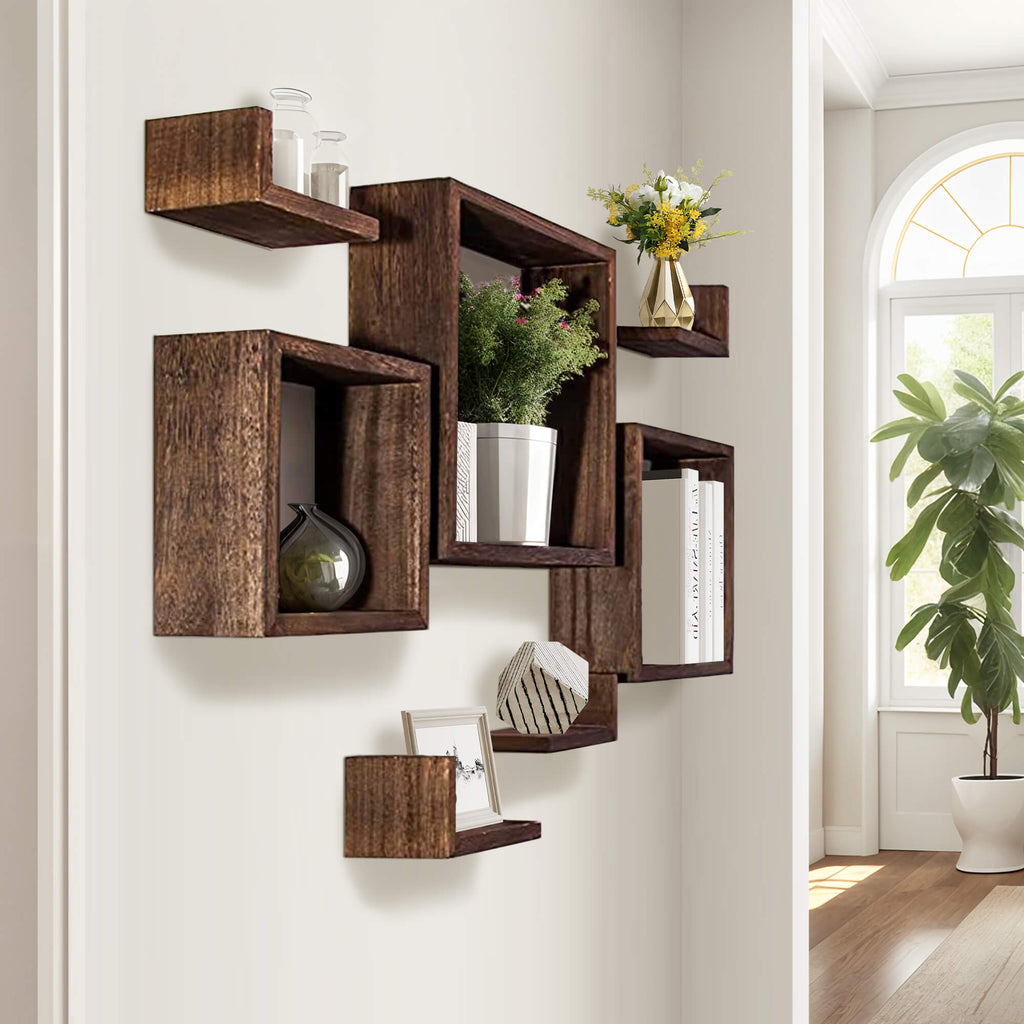 J.M.Deco Floating Wall Shelves Set of 7   3 Square & 4 L-Shaped  Paulownia Wood side
