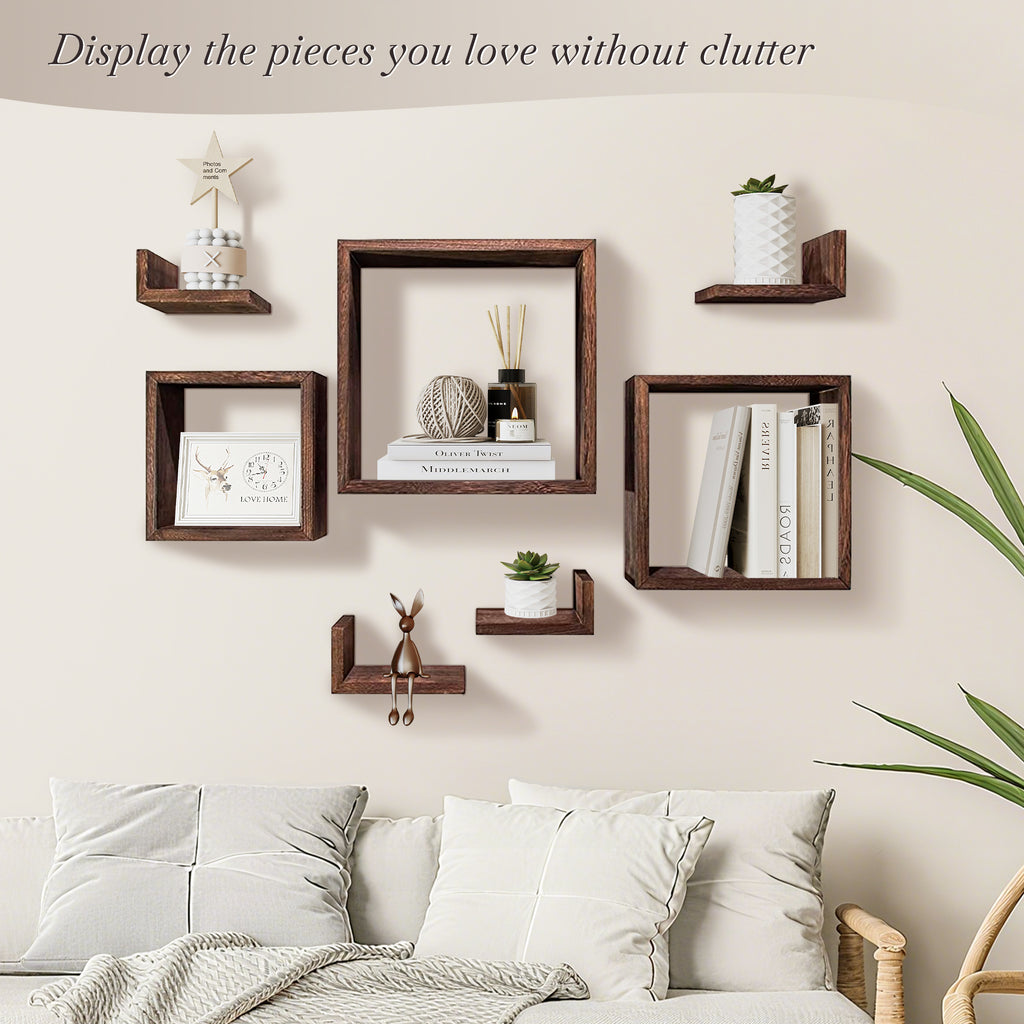 J.M.Deco Wall Mounted Floating Shelves  Set of 7 3 Square Shelves & 4 L  Shaped Shelves   Creative Grid Wall Decor for Bedroom  Living Room  Farmhouse front