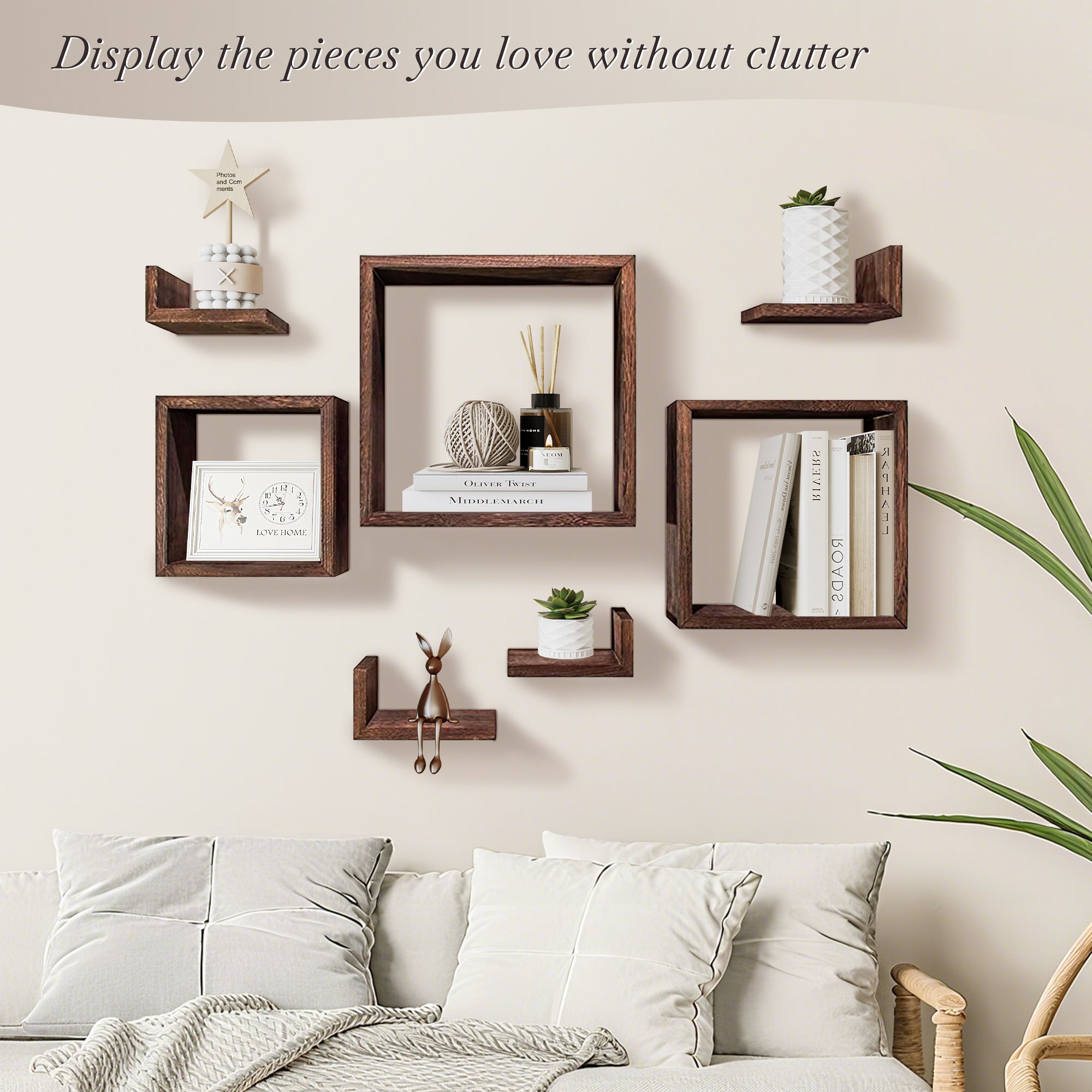 J.M.Deco Wall Mounted Floating Shelves  Set of 7 3 Square Shelves & 4 L  Shaped Shelves   Creative Grid Wall Decor for Bedroom  Living Room  Farmhouse front