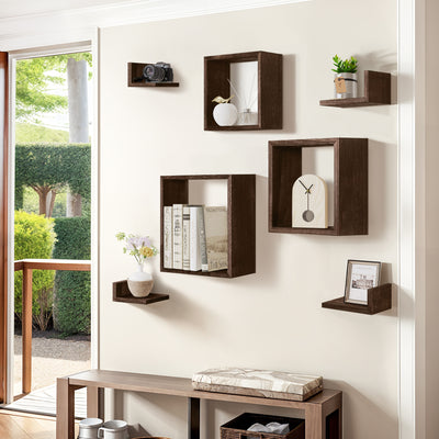 J.M.Deco Wall Mounted Floating Shelves  Set of 7 3 Square Shelves & 4 L  Shaped Shelves   Creative Grid Wall Decor for Bedroom  Living Room  Farmhouse display