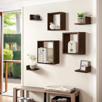 J.M.Deco Floating Wall Shelves Set of 7   3 Square & 4 L-Shaped  Paulownia Wood main