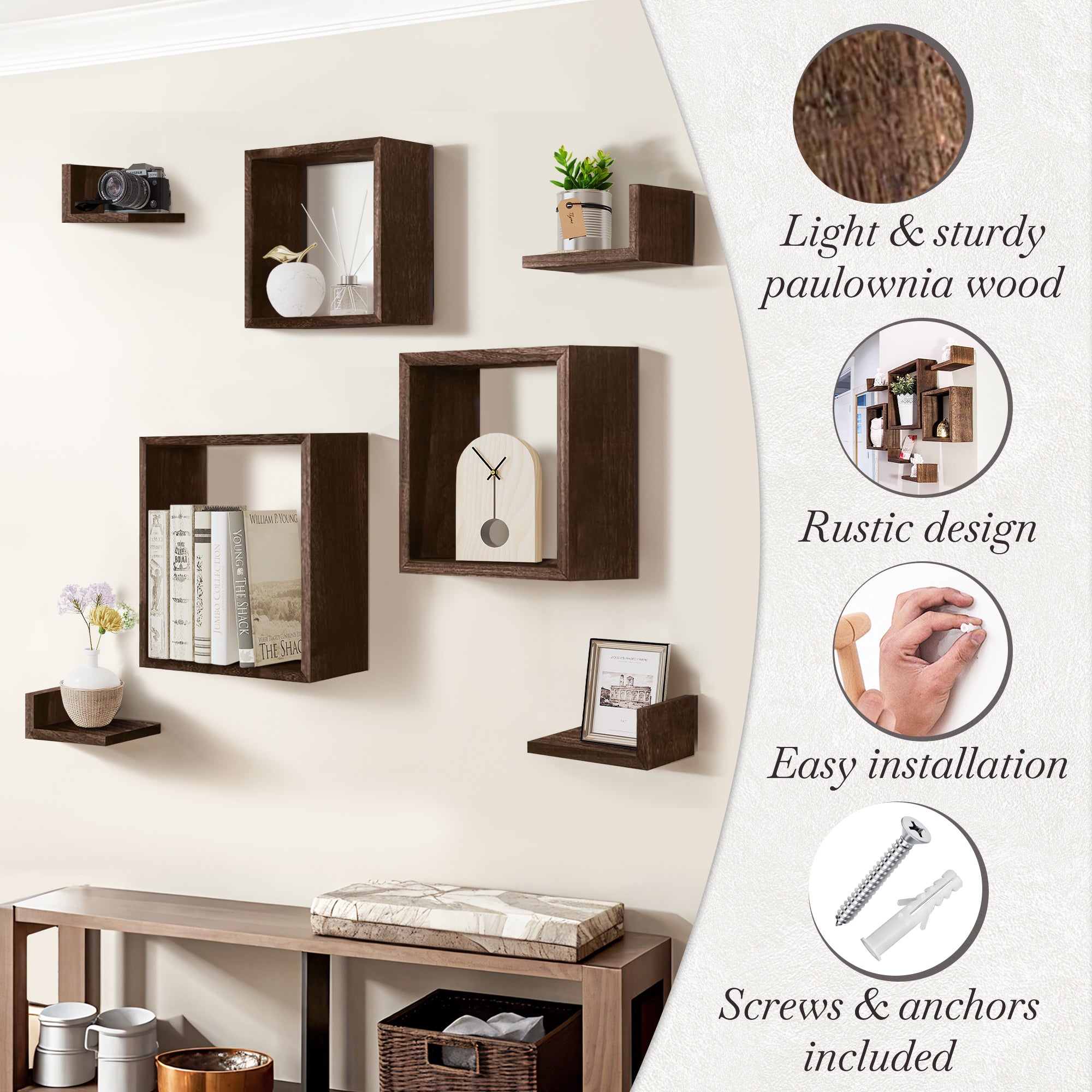 J.M.Deco Wall Mounted Floating Shelves  Set of 7 3 Square Shelves & 4 L  Shaped Shelves   Creative Grid Wall Decor for Bedroom  Living Room  Farmhouse details