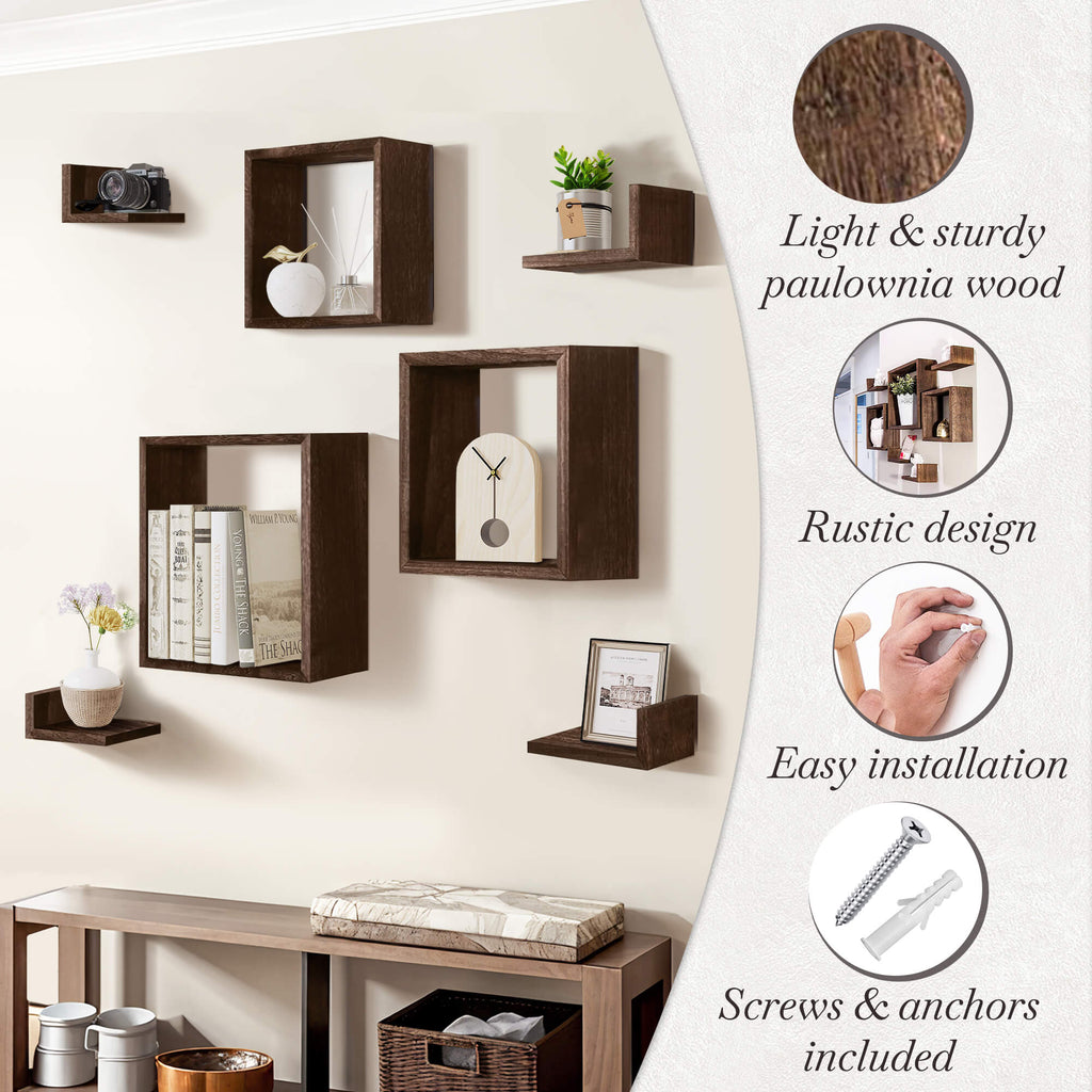 J.M.Deco Floating Wall Shelves Set of 7   3 Square & 4 L-Shaped  Paulownia Wood details