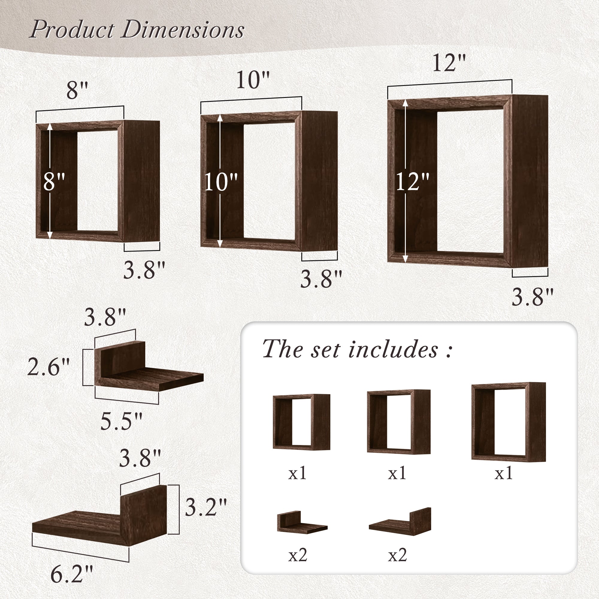 J.M.Deco Wall Mounted Floating Shelves  Set of 7 3 Square Shelves & 4 L  Shaped Shelves   Creative Grid Wall Decor for Bedroom  Living Room  Farmhouse dimensions