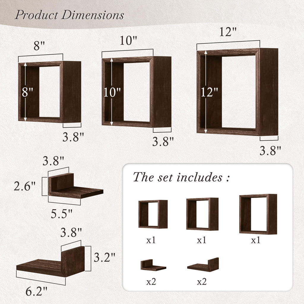 J.M.Deco Floating Wall Shelves Set of 7   3 Square & 4 L-Shaped  Paulownia Wood size