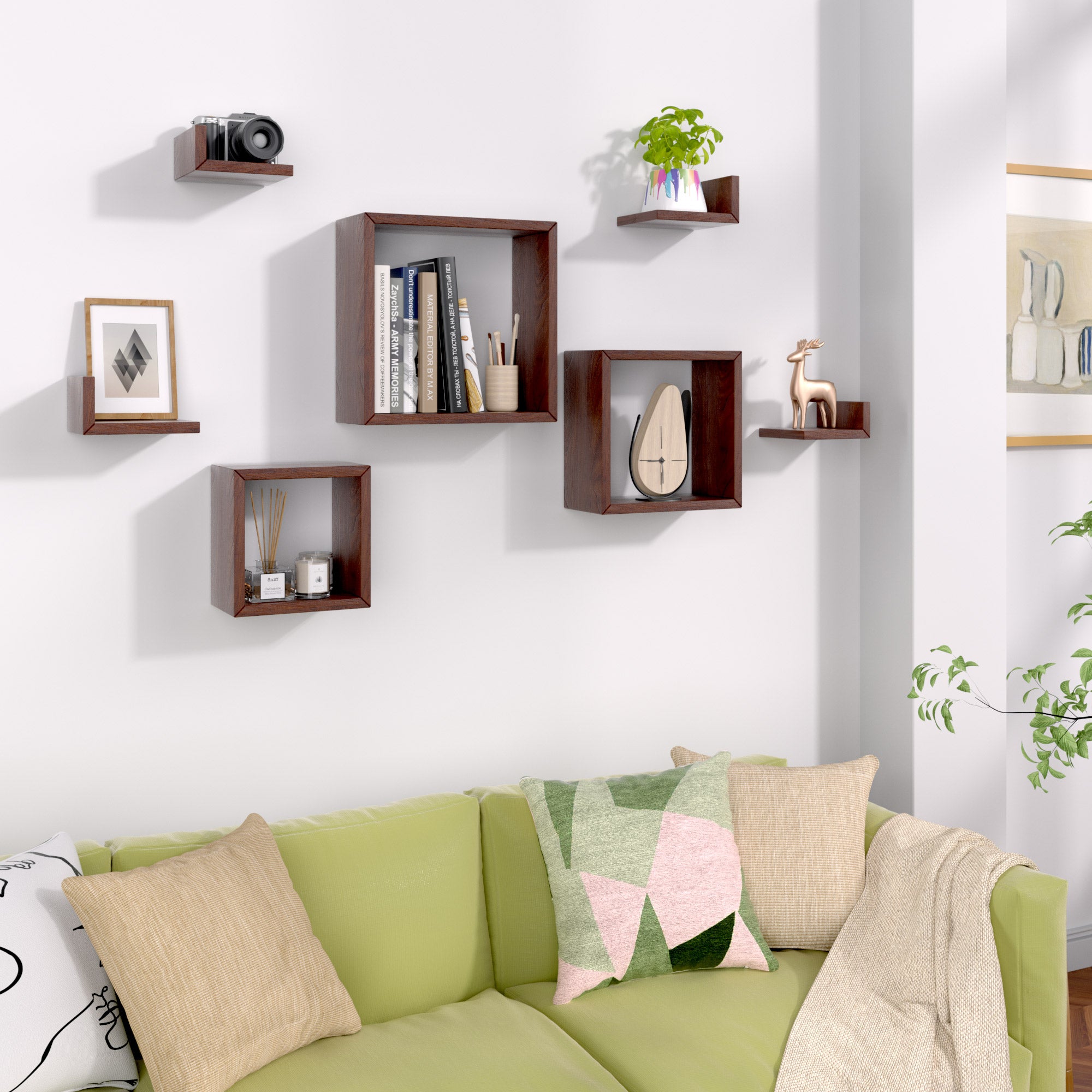 J.M.Deco Wall Mounted Floating Shelves  Set of 7 3 Square Shelves & 4 L  Shaped Shelves   Creative Grid Wall Decor for Bedroom  Living Room  Farmhouse in the living room
