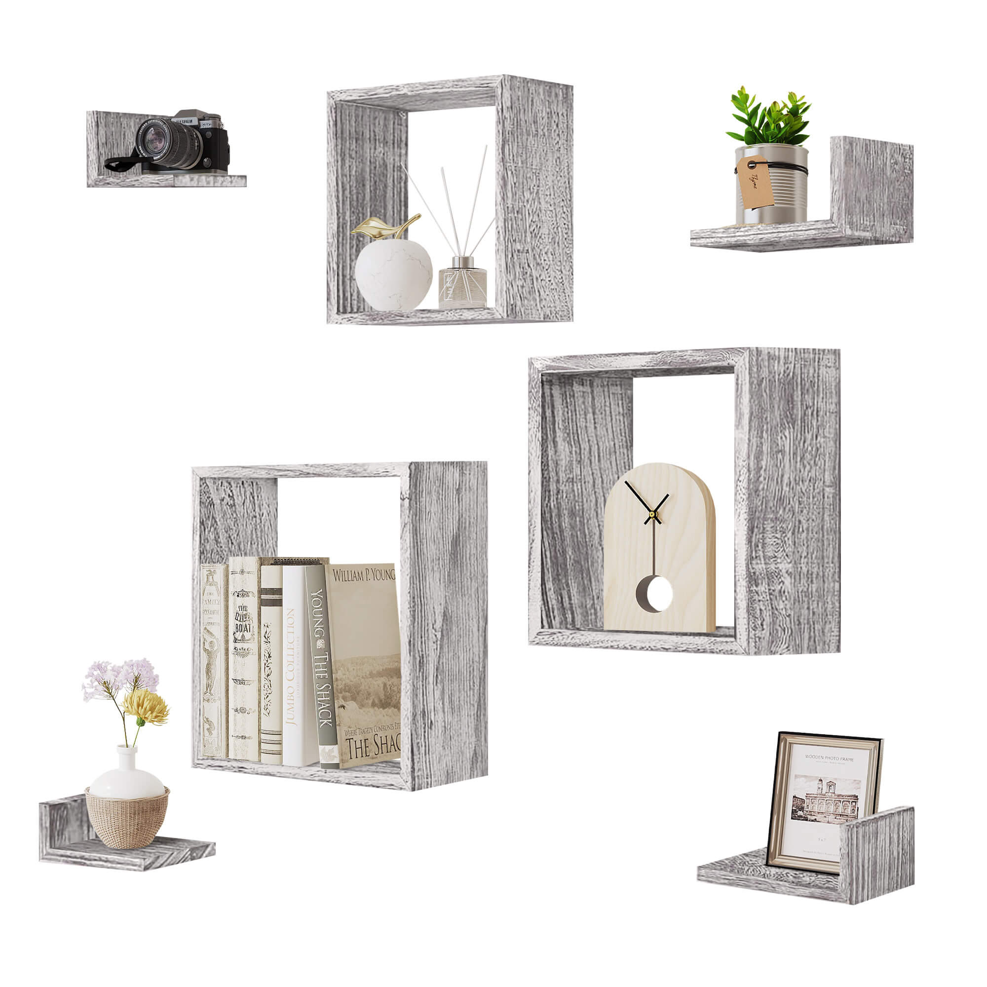 J.M.Deco Floating Wall Shelves Set of 7   3 Square & 4 L-Shaped  Paulownia Wood grey