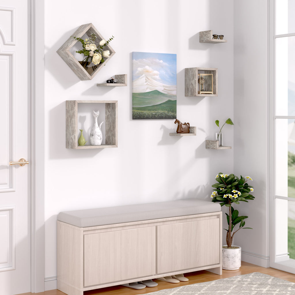 J.M.Deco Wall Mounted Floating Shelves  Set of 7 3 Square Shelves & 4 L  Shaped Shelves   Creative Grid Wall Decor for Bedroom  Living Room  Farmhouse at the entrance hall