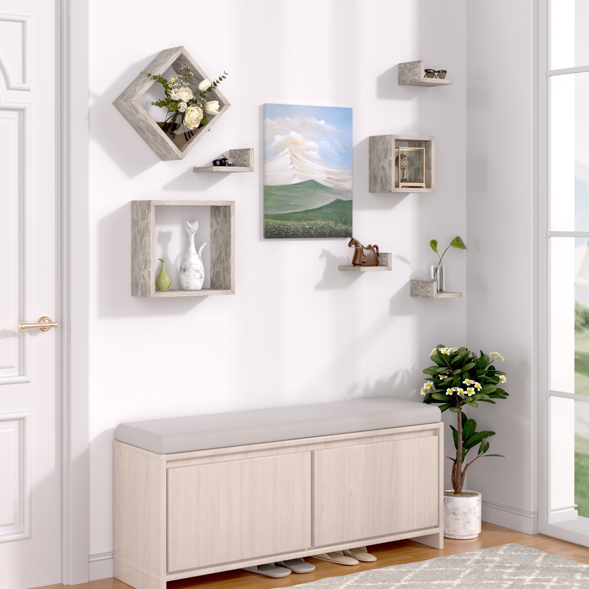 J.M.Deco Wall Mounted Floating Shelves  Set of 7 3 Square Shelves & 4 L  Shaped Shelves   Creative Grid Wall Decor for Bedroom  Living Room  Farmhouse at the entrance hall